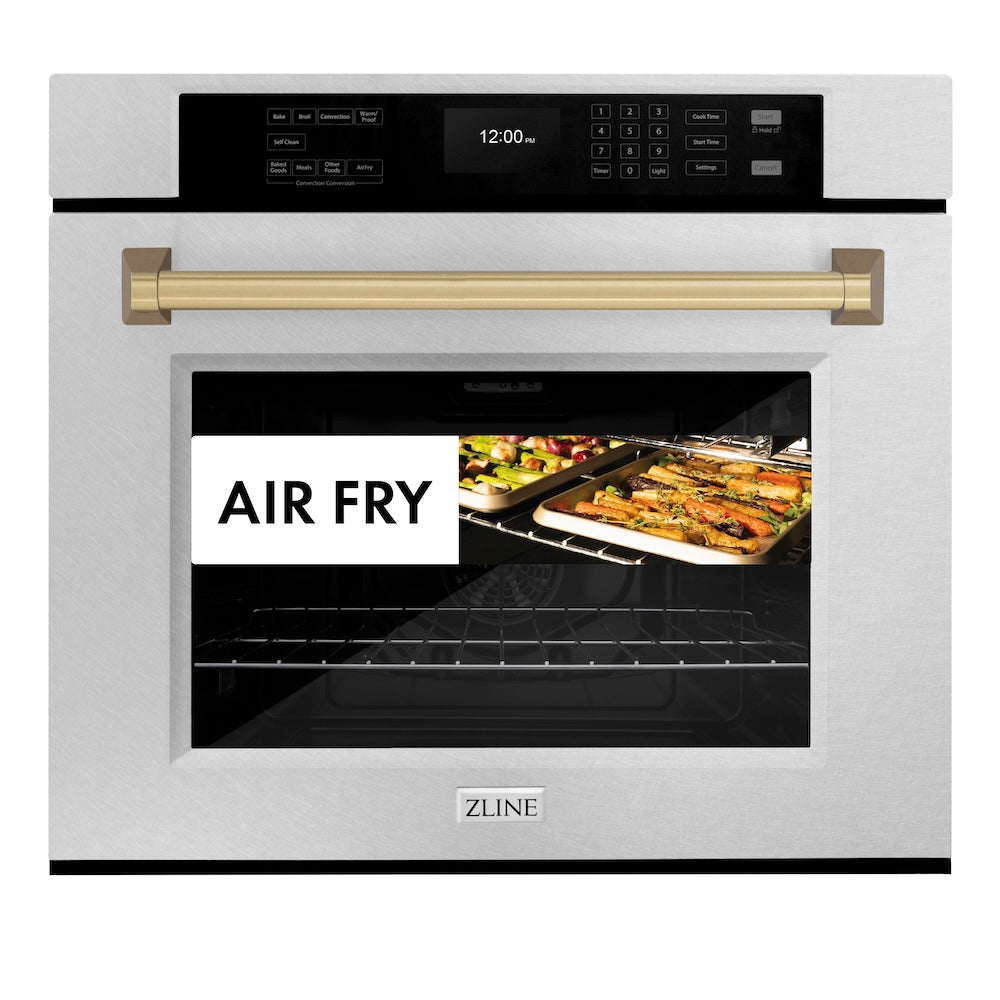 ZLINE Autograph Edition 30 Inch Professional True Convection Single Wall Oven with Air Fry & Self Clean - Satin Stainless Steel & Champagne Bronze Handle (WASSZ 30 CB) | Perfect for Home Chefs & Modern Kitchens