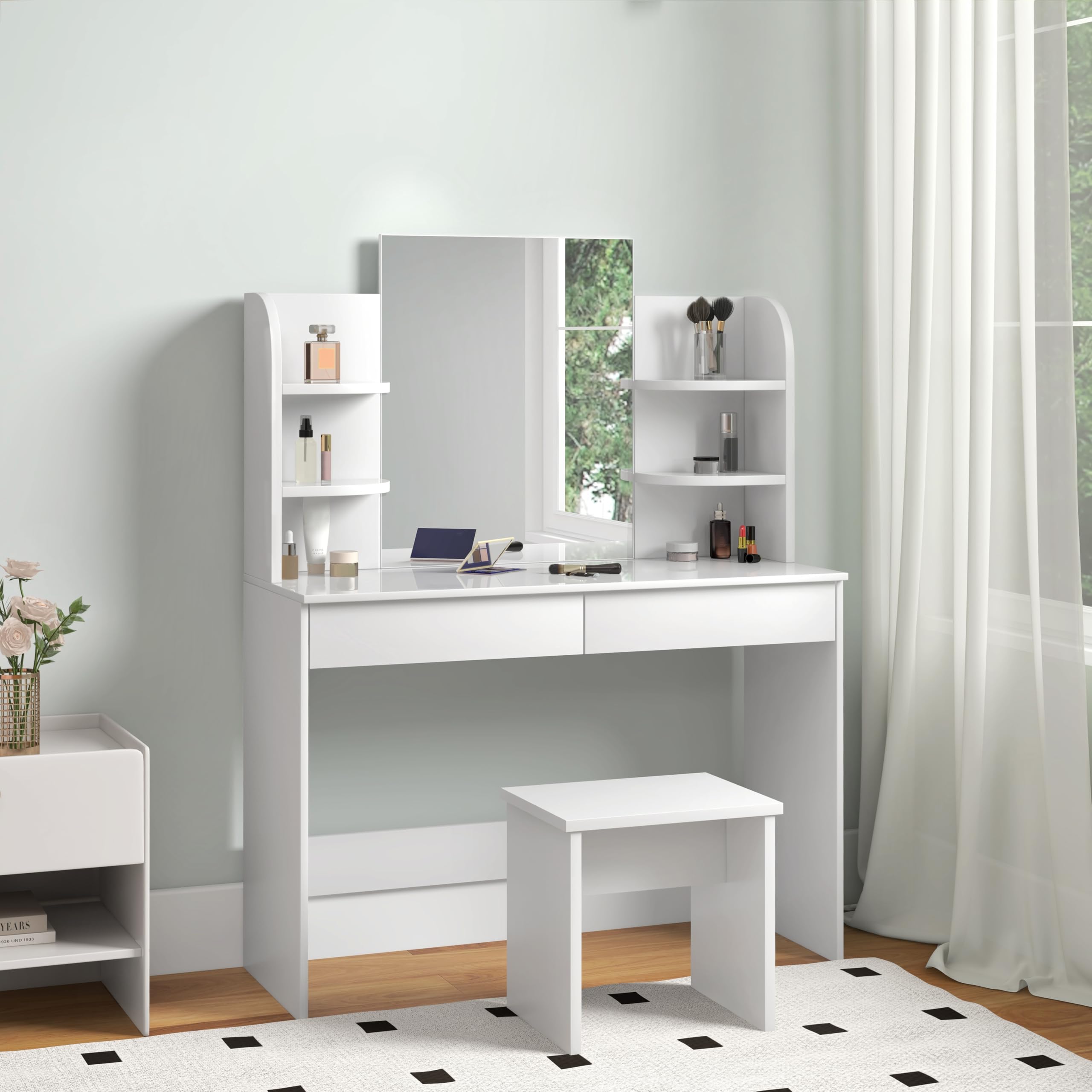 WOLTU Vanity Makeup Dressing Table with Stool, Mirror, 2 Drawers & 4 Shelves, White Glossy Finish (108x40x142cm) - Perfect for Bedroom, Dorm, Apartment & Beauty Salon Organization (Model MB6044ws)