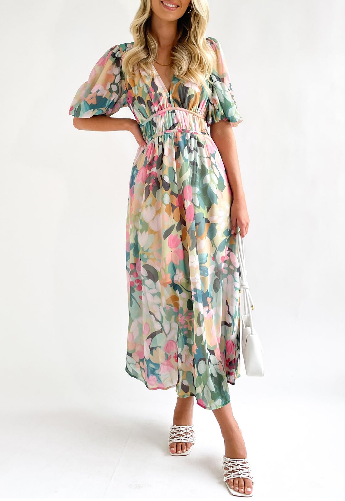 Boho Floral Print Midi Dress for Women - Summer Long Dress with Green Floral Pattern | Perfect for Beach Vacations, Garden Parties & Casual Outings