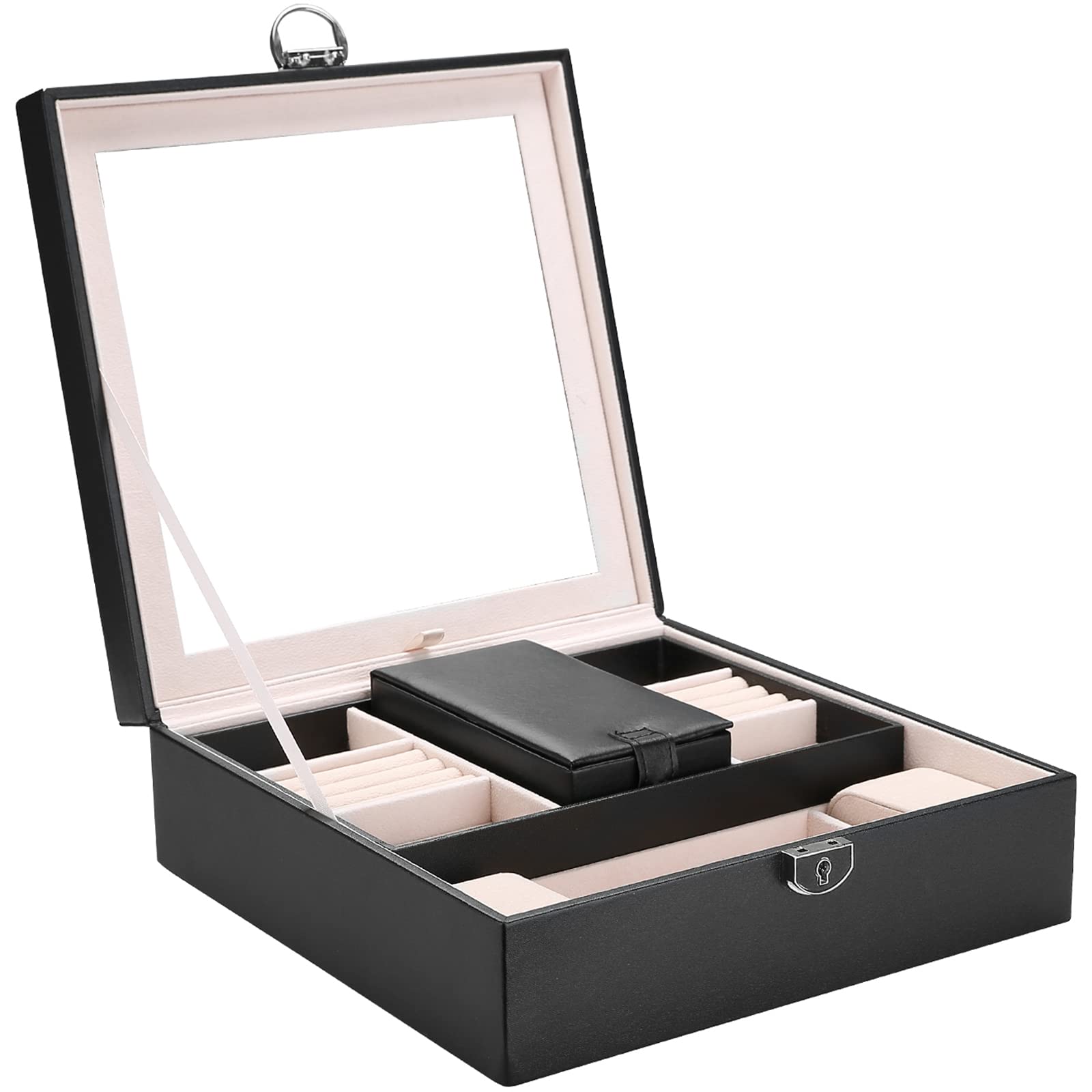 ProCase Large Jewelry Box Organizer - 2-Layer Lockable Storage Case with Mirror for Necklaces, Earrings, Bracelets, Rings & Watches - Perfect Gift for Women, Wife, Mother, Girlfriend (Black) - Ideal for Travel, Home Decor & Jewelry Display