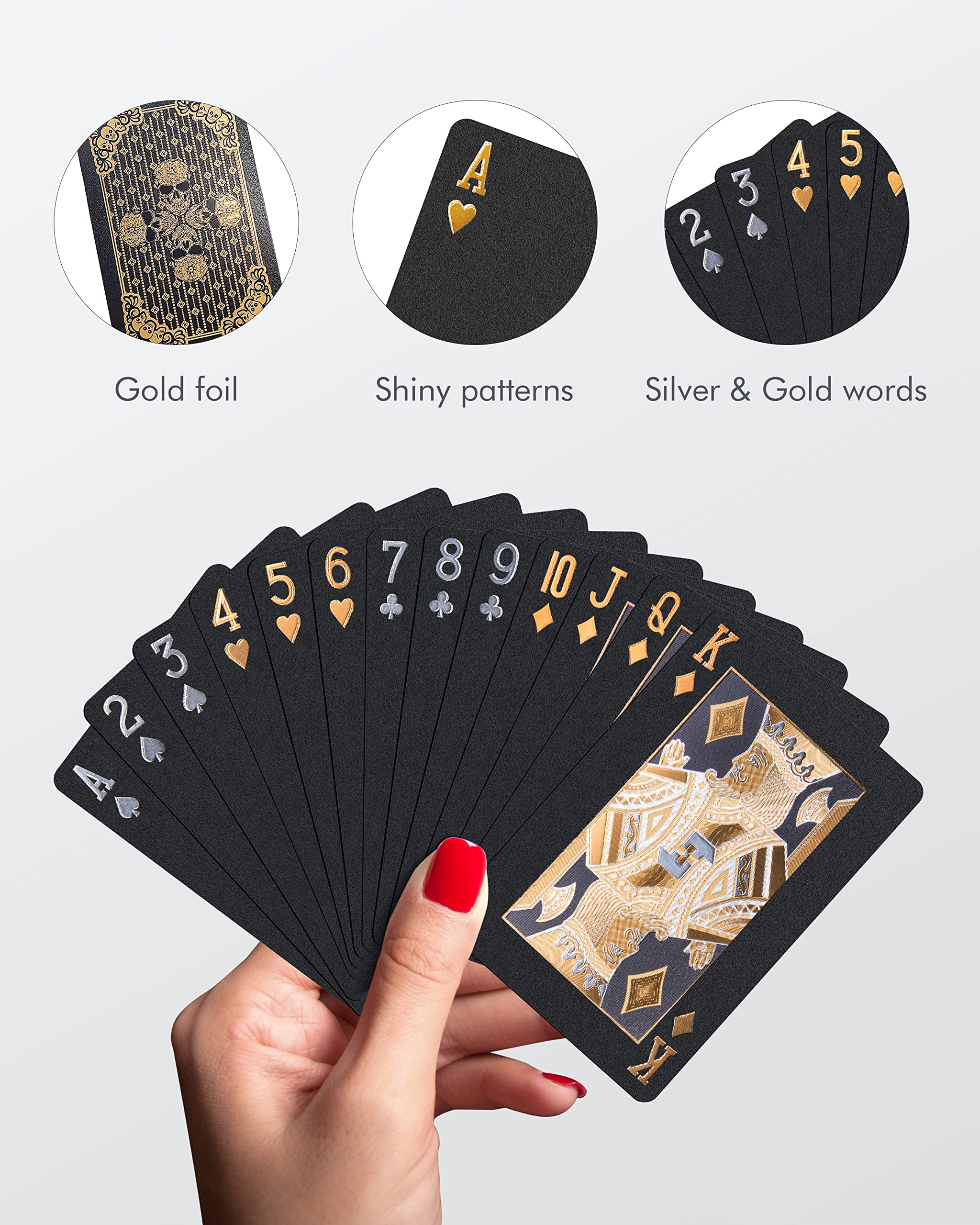 Premium Diamond Waterproof Black Playing Cards - HD Poker Deck with Gold Skull Design for Casino, Magic Tricks & Game Nights