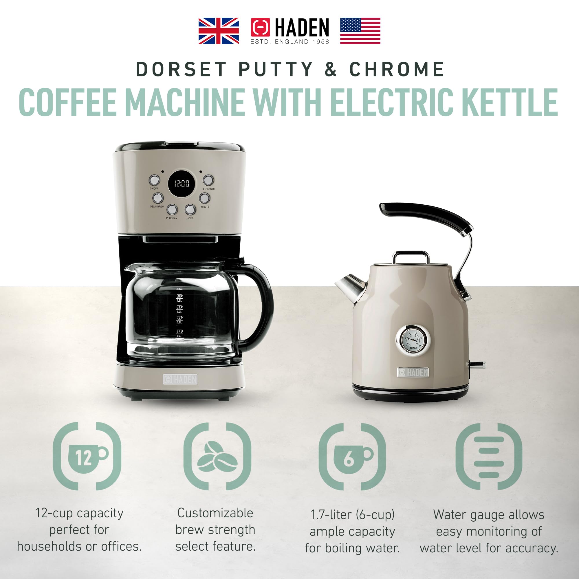 HADEN 12 Cup Drip Coffee Maker with Stainless Steel Electric Kettle - 1.7L Fast Boiling Water Kettle for Coffee, Tea & Hot Beverages - Perfect for Home, Office & Kitchen Use