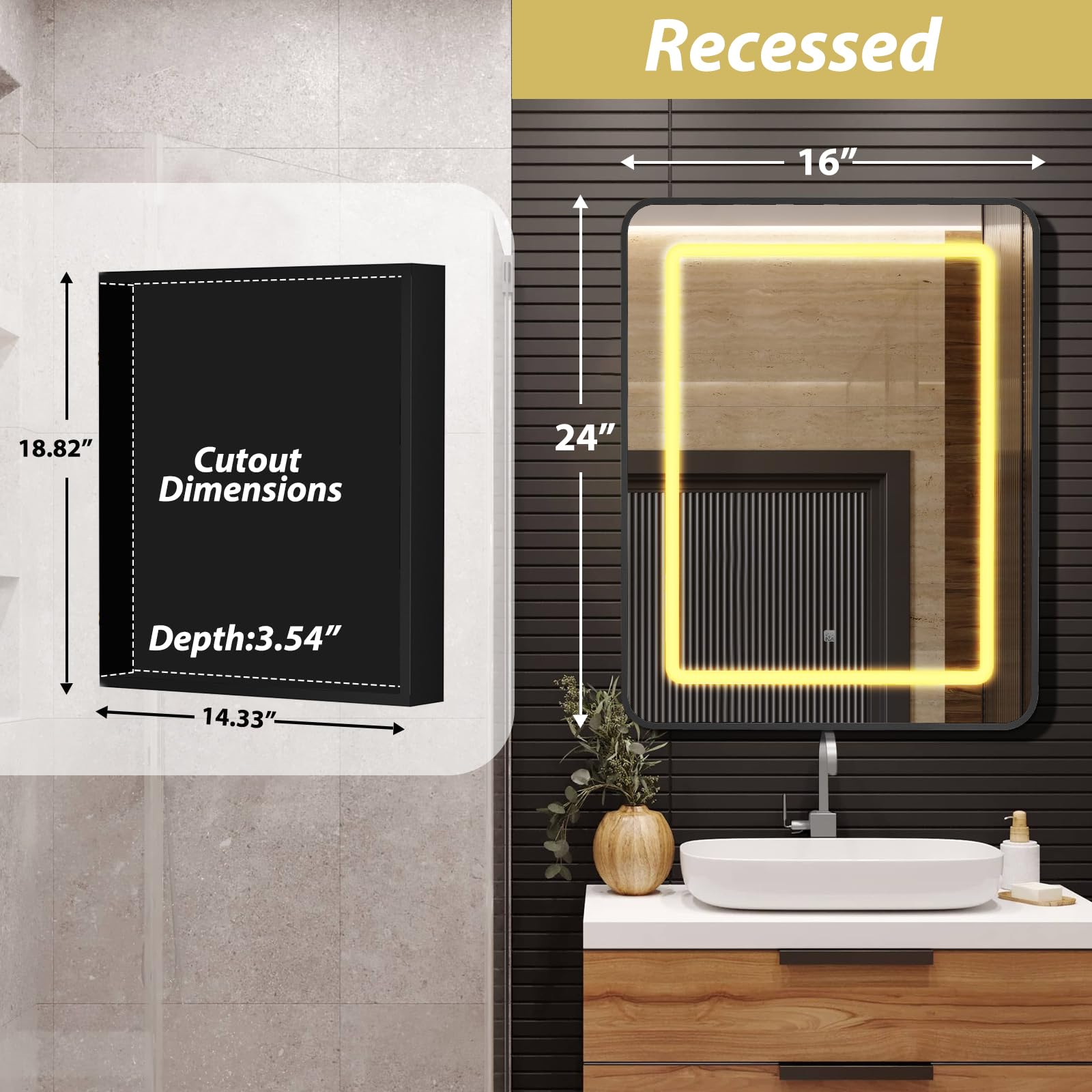 APRILSOUL 20x30 Inch Black Recessed/Surface Mount Bathroom Medicine Cabinet with LED Mirror - 3 Color Temperature Adjustable & Dimmable Lighting for Modern Homes, Vanity & Makeup Area