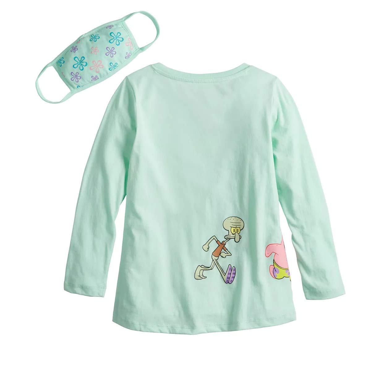 SpongeBob SquarePants Girls Long Sleeve T-Shirt & Matching Face Mask Set - Cartoon Character Outfit with Floral Design for Kids Birthday Party & School Dress Up