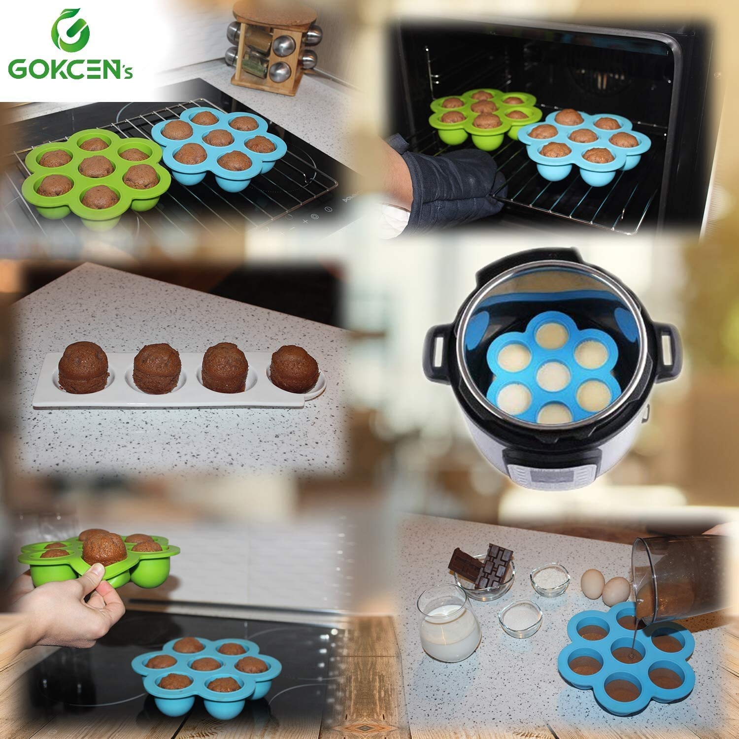 GOKCEN 2-Pack Silicone Egg Bite Molds for Instant Pot 5,6,8 qt Pressure Cooker - Reusable Freezer-Safe Food Storage Containers with Lid (Blue & Green) - Perfect for Meal Prep, Sous Vide, and Healthy Snacks