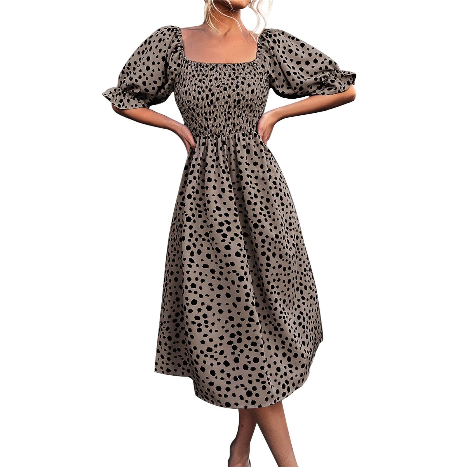 Boho Floral Dress for Women - Puff Sleeve Square Neck A-Line Midi Dress with Slit | Perfect for Summer Vacations, Beach Parties & Cuban-Themed Events