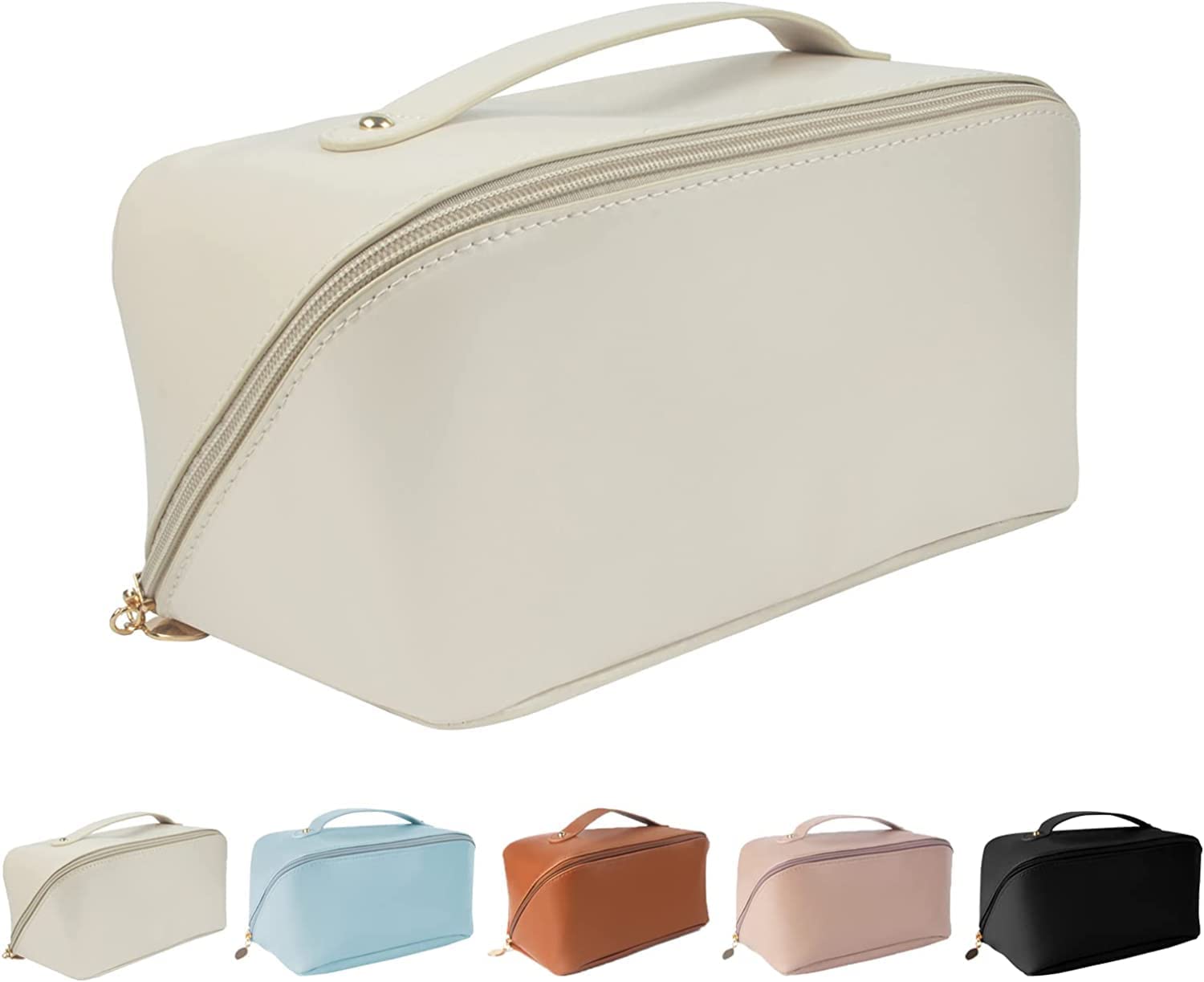 Large Capacity Cosmetic Travel Bag for Women - Waterproof Leather Makeup Organizer with Handle & Dividers, Portable Wide Opening Storage Case (White) | Perfect for Travel, Gym, Daily Use & Gift Giving