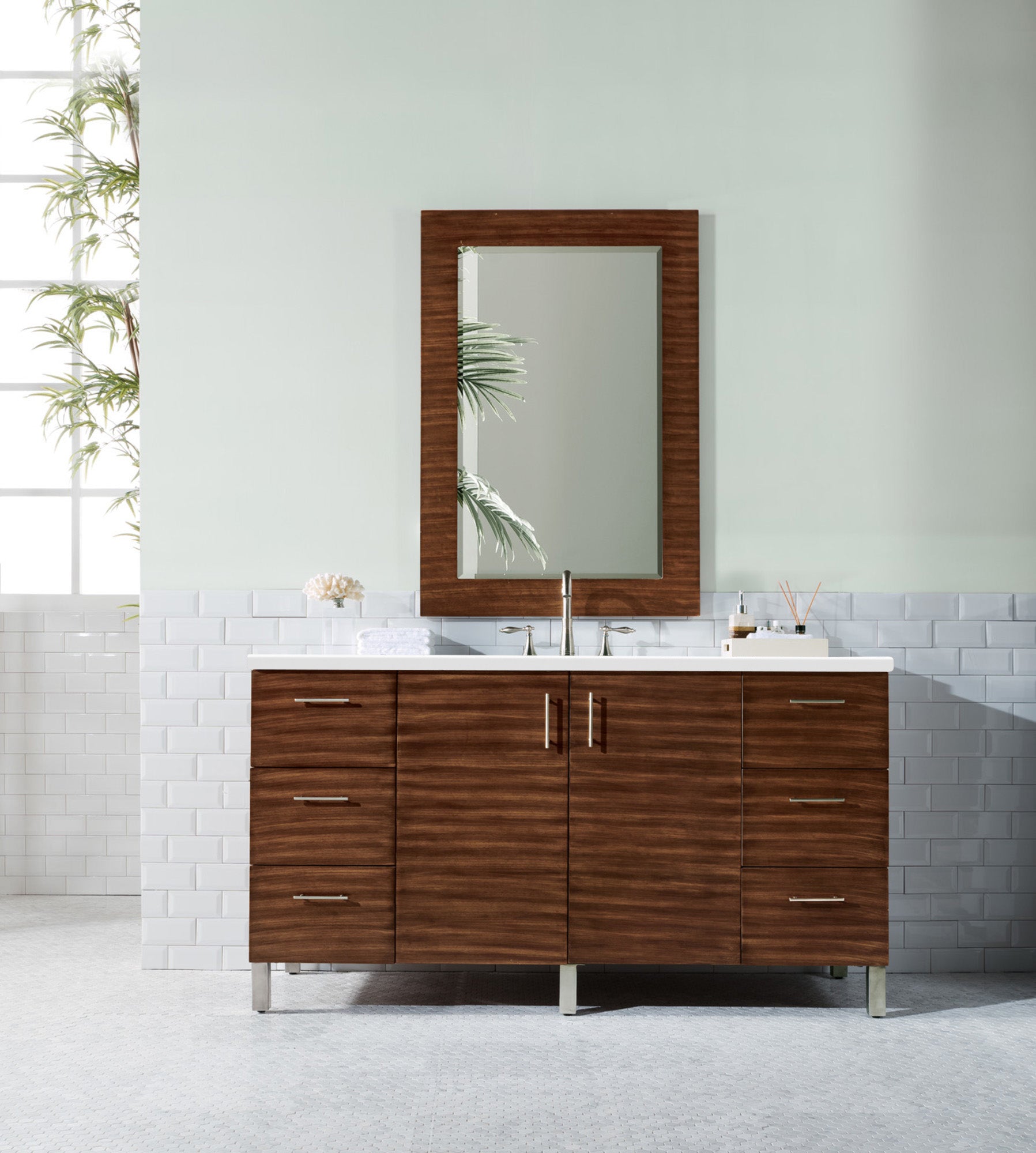Metropolitan 60 Inch Single Bathroom Vanity with 3CM Classic White Quartz Countertop - American Walnut Finish | Perfect for Modern Master Bathrooms & Guest Powder Rooms