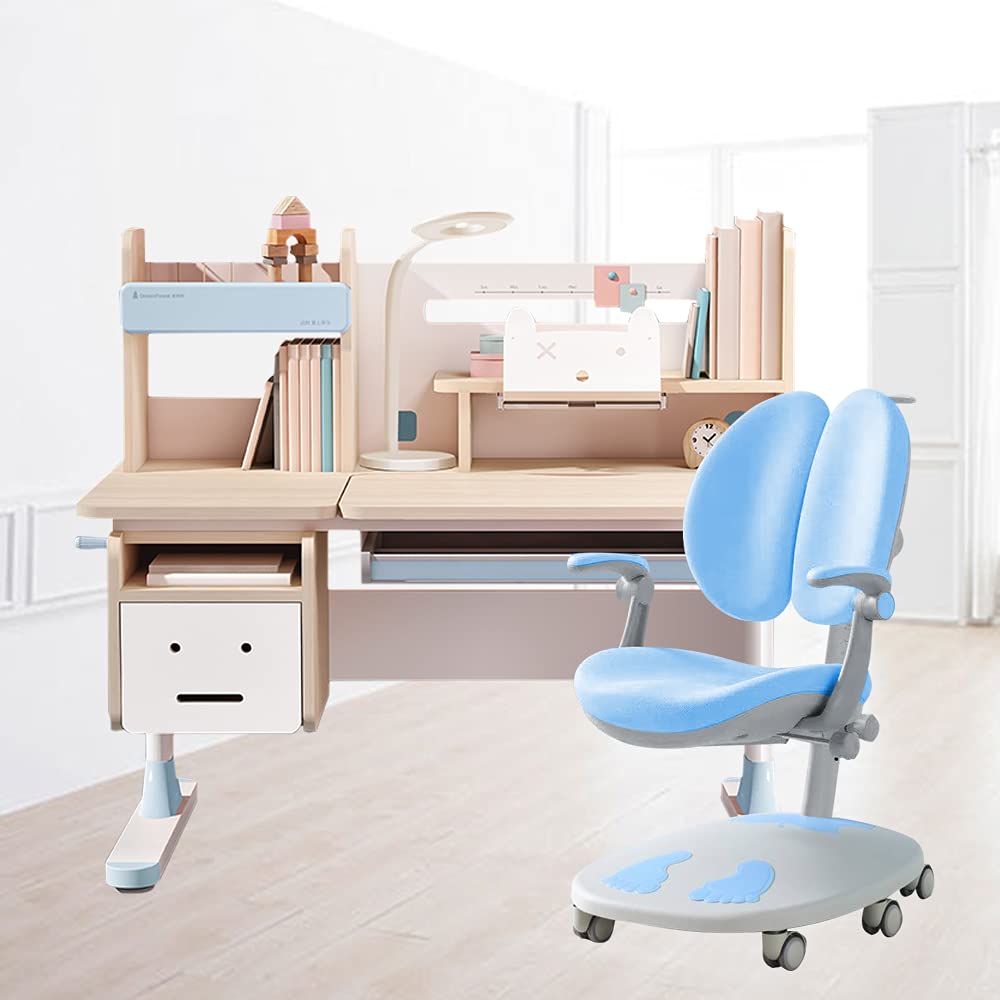 Adjustable Height Kids Study Desk with Built-in Bookshelf - Multi-Function Wood Drafting Table & Computer Workstation for Home & School (DESK-303BLUE+C10-BLUE) - Perfect for Homework, Art Projects & Remote Learning