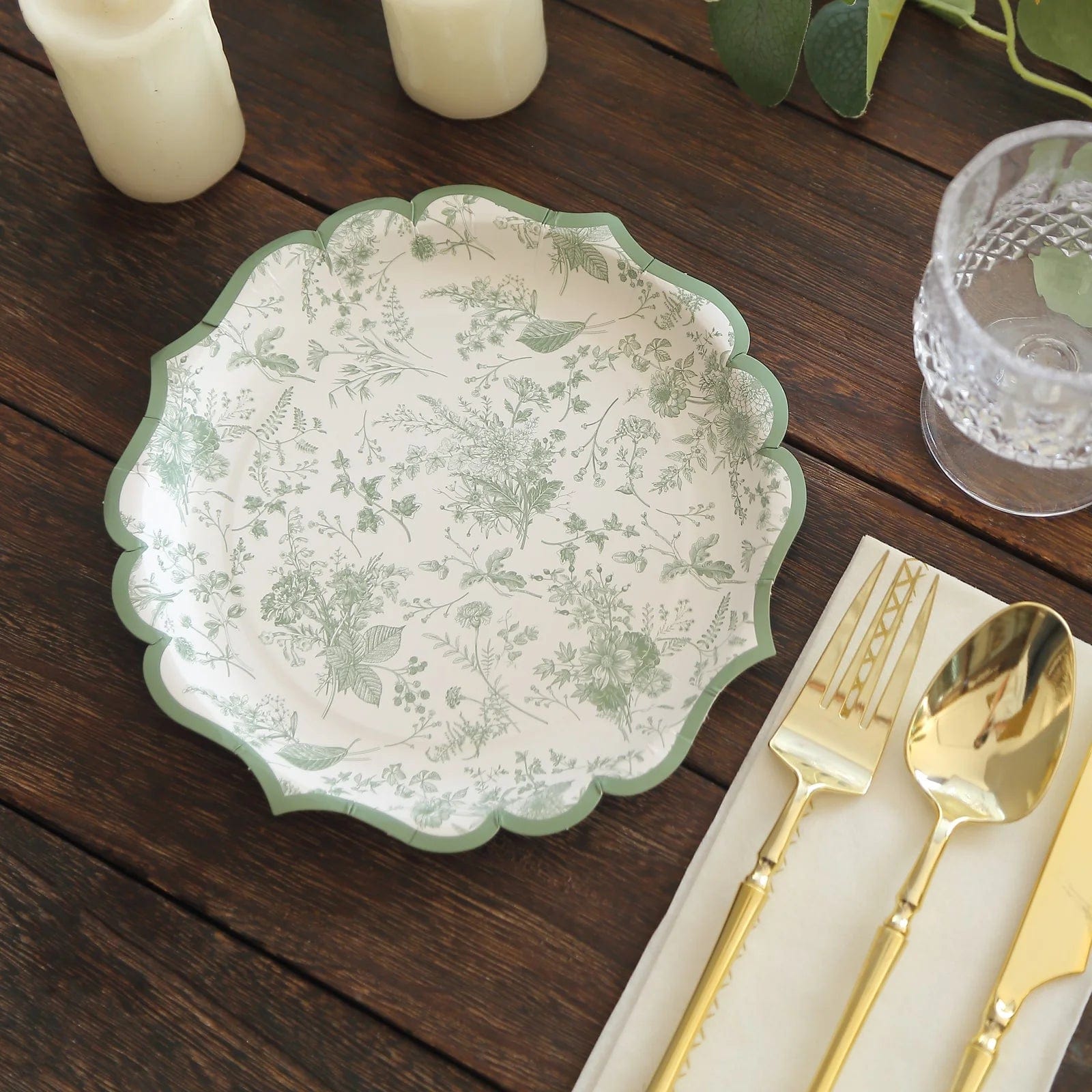 25-Pack White and Sage Green Floral Leaf Print Paper Plates with Scalloped Rim - Elegant Disposable Tableware for Weddings, Baby Showers & Garden Parties