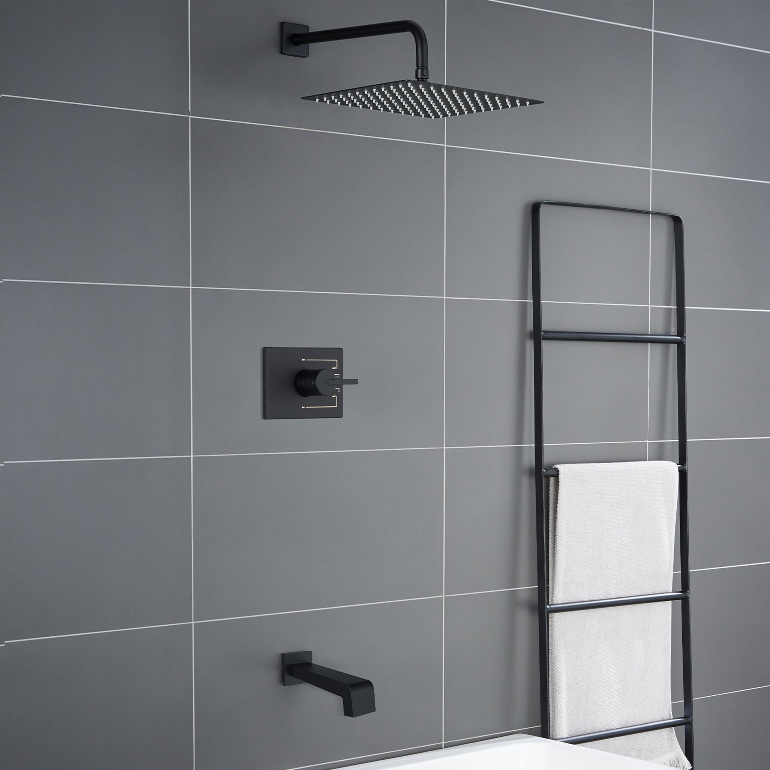 Premium Matte Black Shower Faucet Set - 12 Inch Rainfall Shower Head with Tub Spout & Handle (Includes Valve) | Modern Bathroom Upgrade for Spa-Like Experience