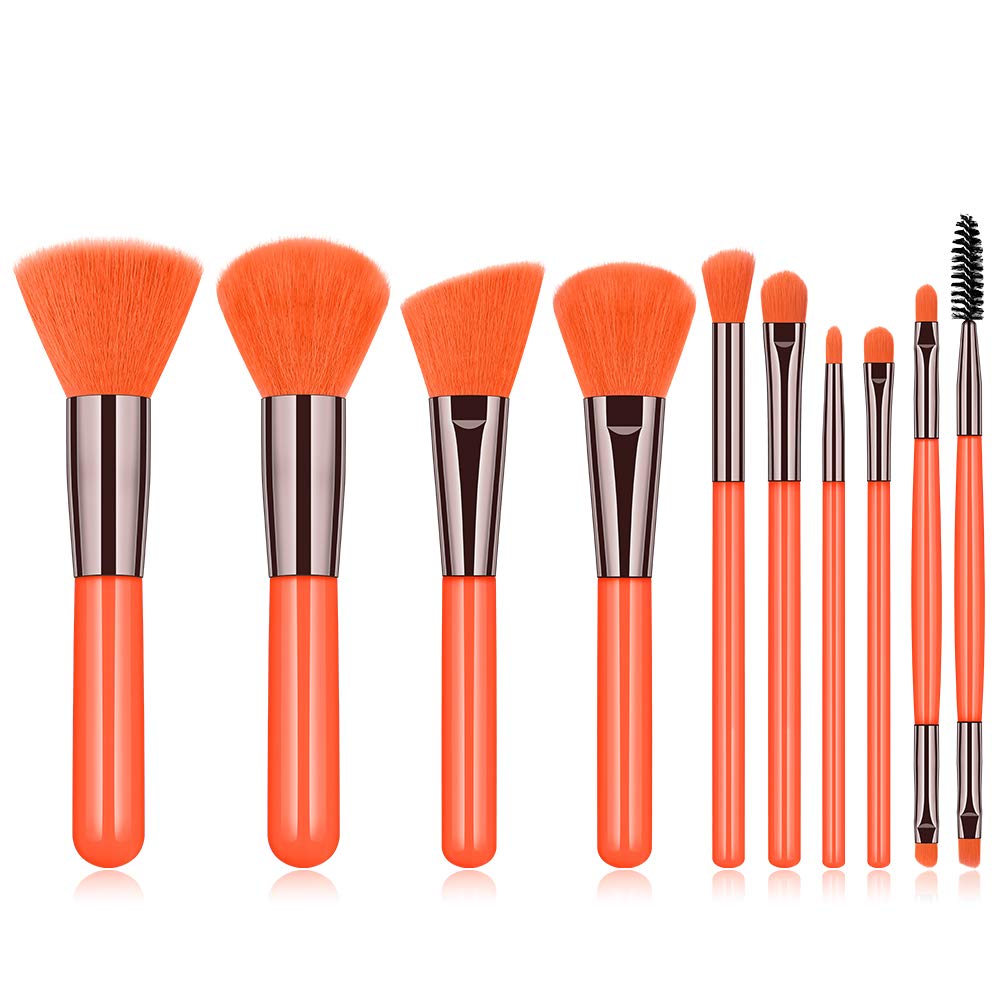 10-Piece Neon Orange Makeup Brush Set - Professional Powder, Foundation, Blush, Concealer & Eye Blending Brushes for Flawless Makeup Application | Perfect for Travel, Home & Professional Makeup Kits