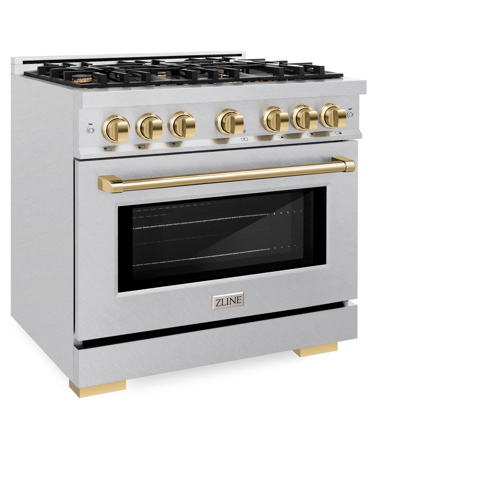 ZLINE Autograph Edition 36 Inch 5.2 Cu Ft Gas Range with 6 Burner Cooktop & Convection Oven - Satin Stainless Steel with Gold Accents (HGRSZ 36 G) - Professional Kitchen Appliance for Home Chefs & Cooking Enthusiasts