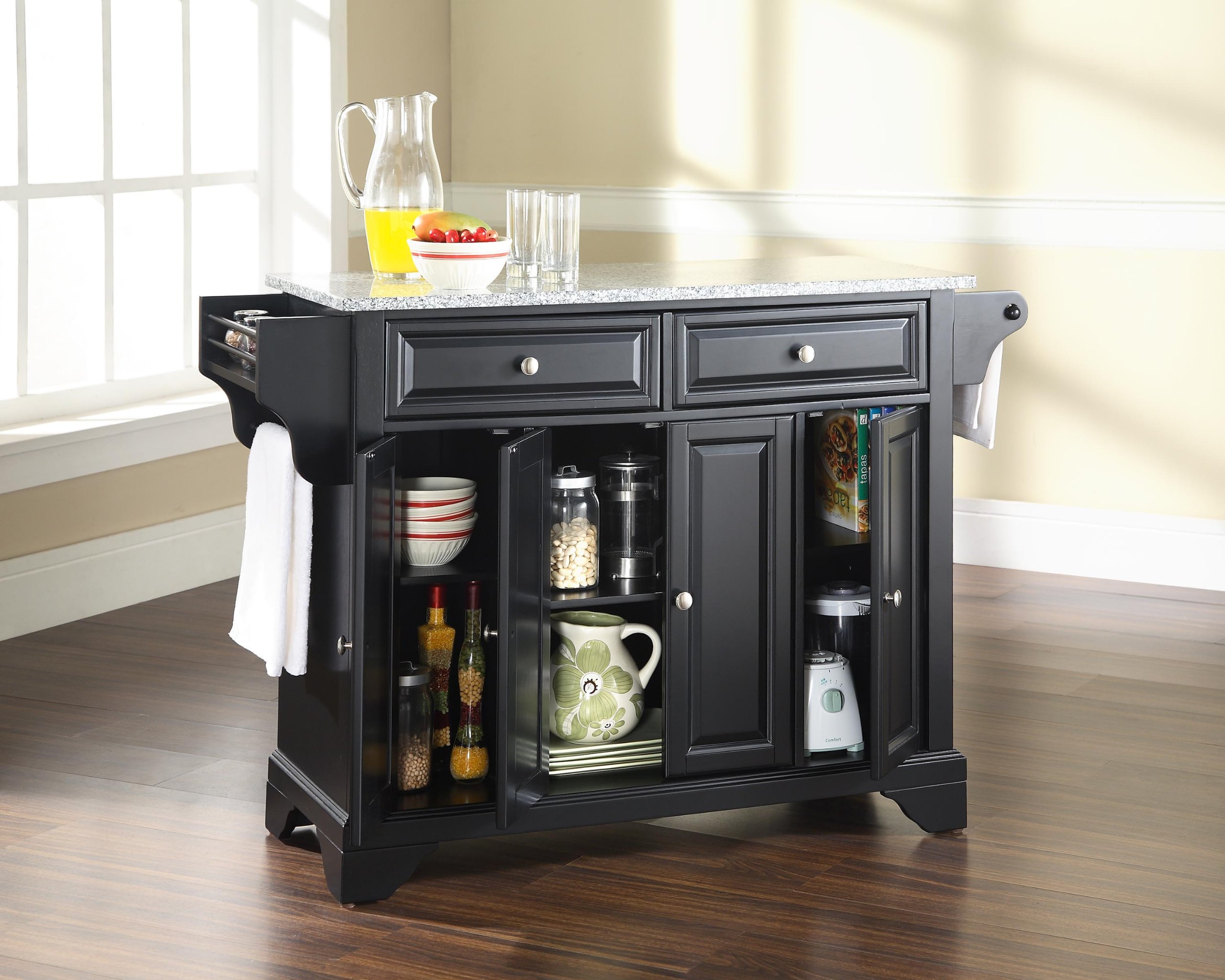 Crosley Lafayette Granite Top Rolling Kitchen Island Cart with Storage - Microwave Stand & Spice Rack - Black - Perfect for Small Kitchens, Apartments & Entertaining