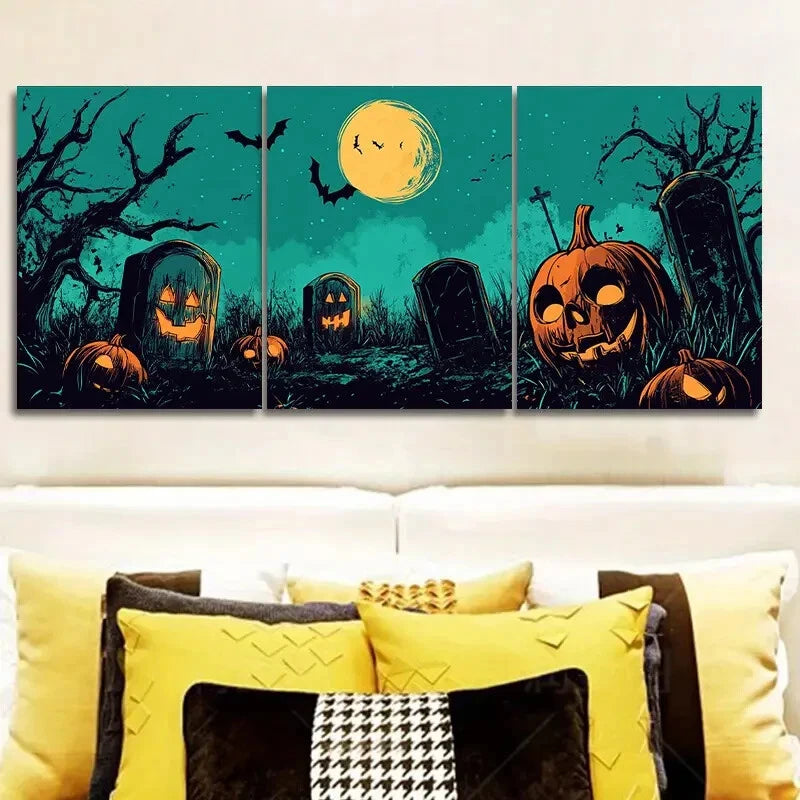 3-Piece Ghost Graveyard Art Deco Metal Wall Art Prints - Classic Halloween Decor for Home, Office & Haunted House - Ready to Hang Gallery Set
