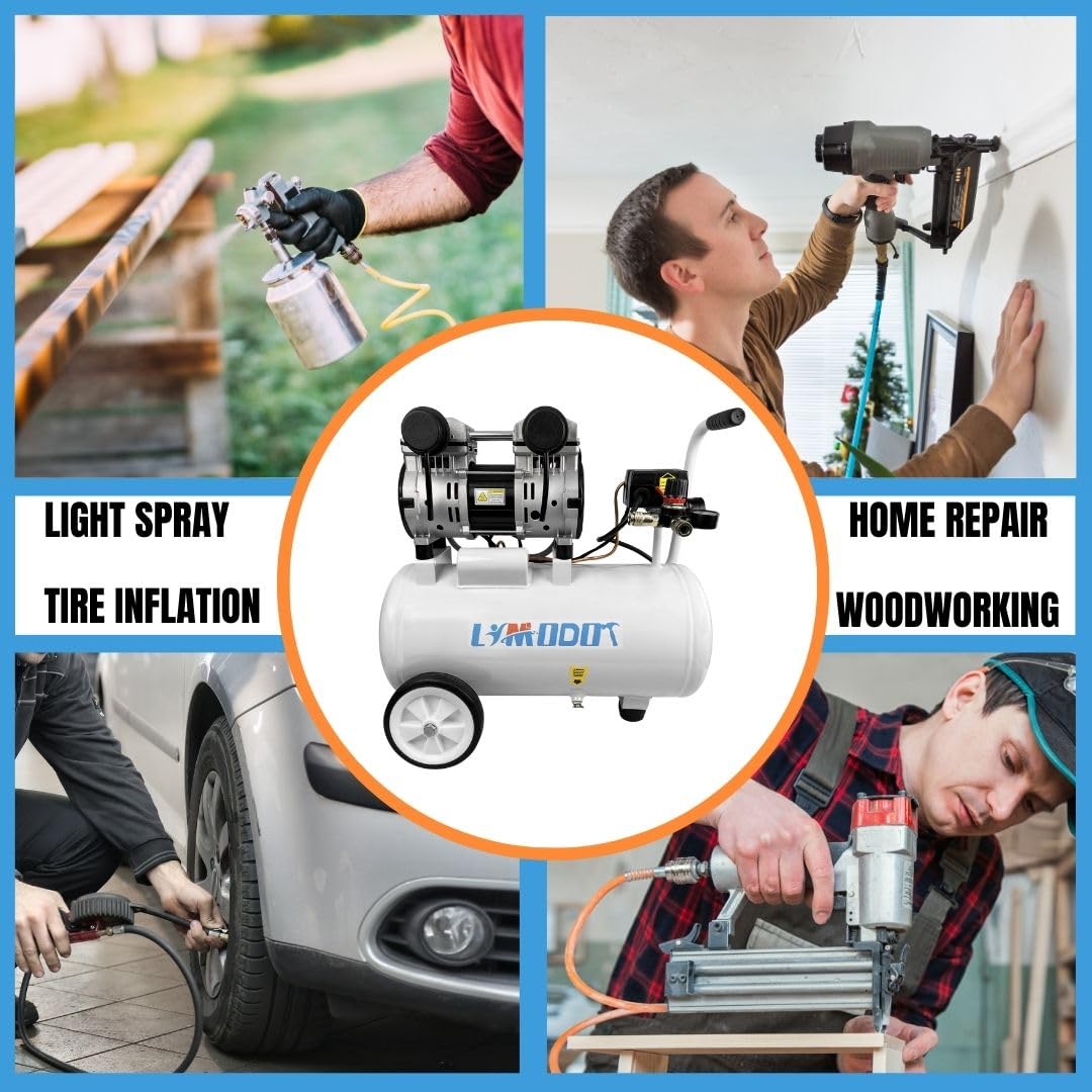 Quiet Air Compressor 68dB - 6 Gallon Steel Tank, 4.2CFM @90PSI Oil-Free - 1.7HP High Flow for Auto Repair, Tire Inflation, Woodworking & Pneumatic Tools - Perfect for Home Garage, Construction Sites & DIY Projects