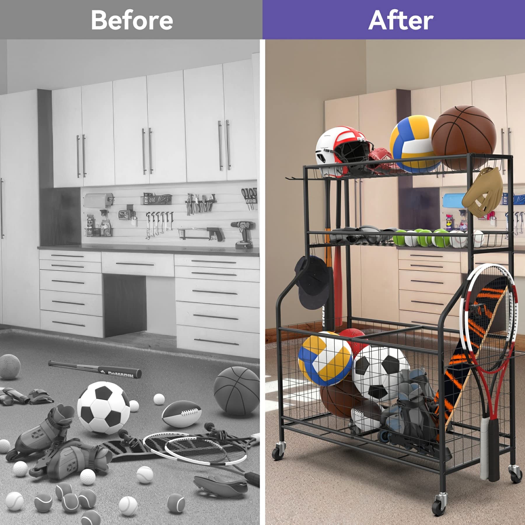 Garage Ball & Sports Equipment Organizer - Heavy Duty Rolling Ball Cart with Storage Baskets for Indoor/Outdoor Use - Perfect for Kids' Toys, Basketballs, Soccer Balls & Playroom Organization
