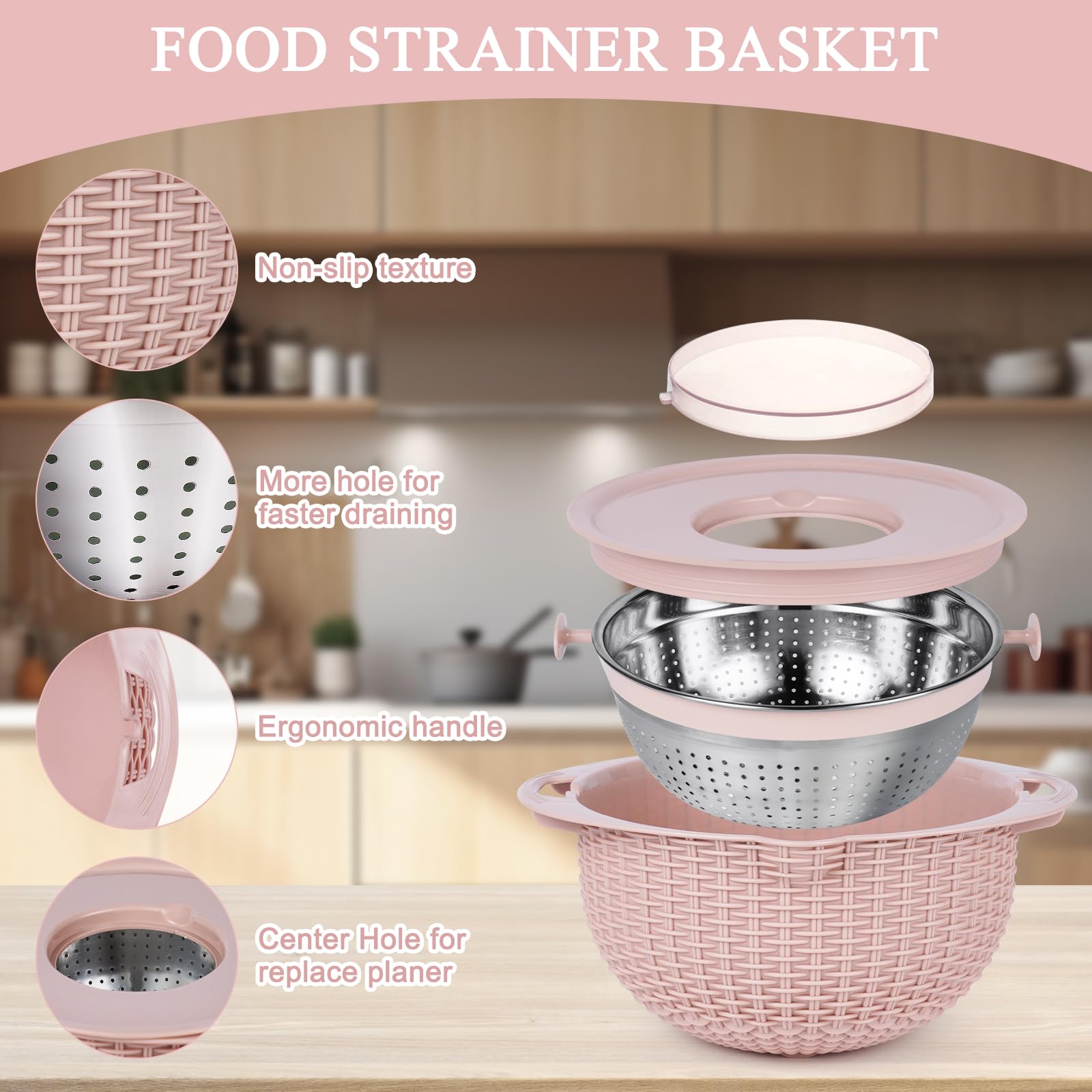 4-in-1 Rotating Colander and Mixing Bowl Set - Kitchen Strainer for Pasta, Rice, Fruits & Vegetables - BPA-Free Food Colander with Handle - Perfect for Washing, Draining & Food Prep (Pink)