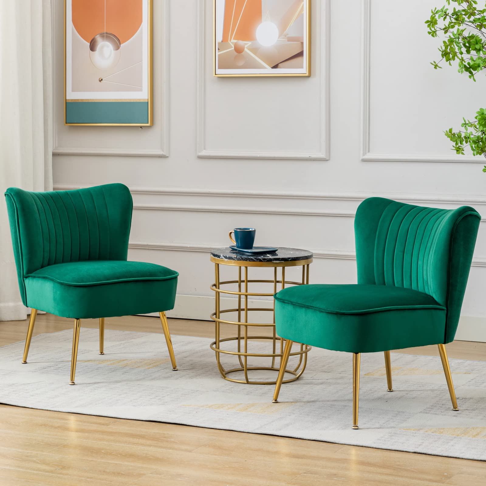 Cimota Velvet Accent Chairs Set of 2 - Modern Armless Slipper Wingback Sofa with Golden Legs, Comfy Corner Chair for Living Room, Bedroom & Office - Green Velvet Upholstered Lounge Seating for Home Decor & Relaxation