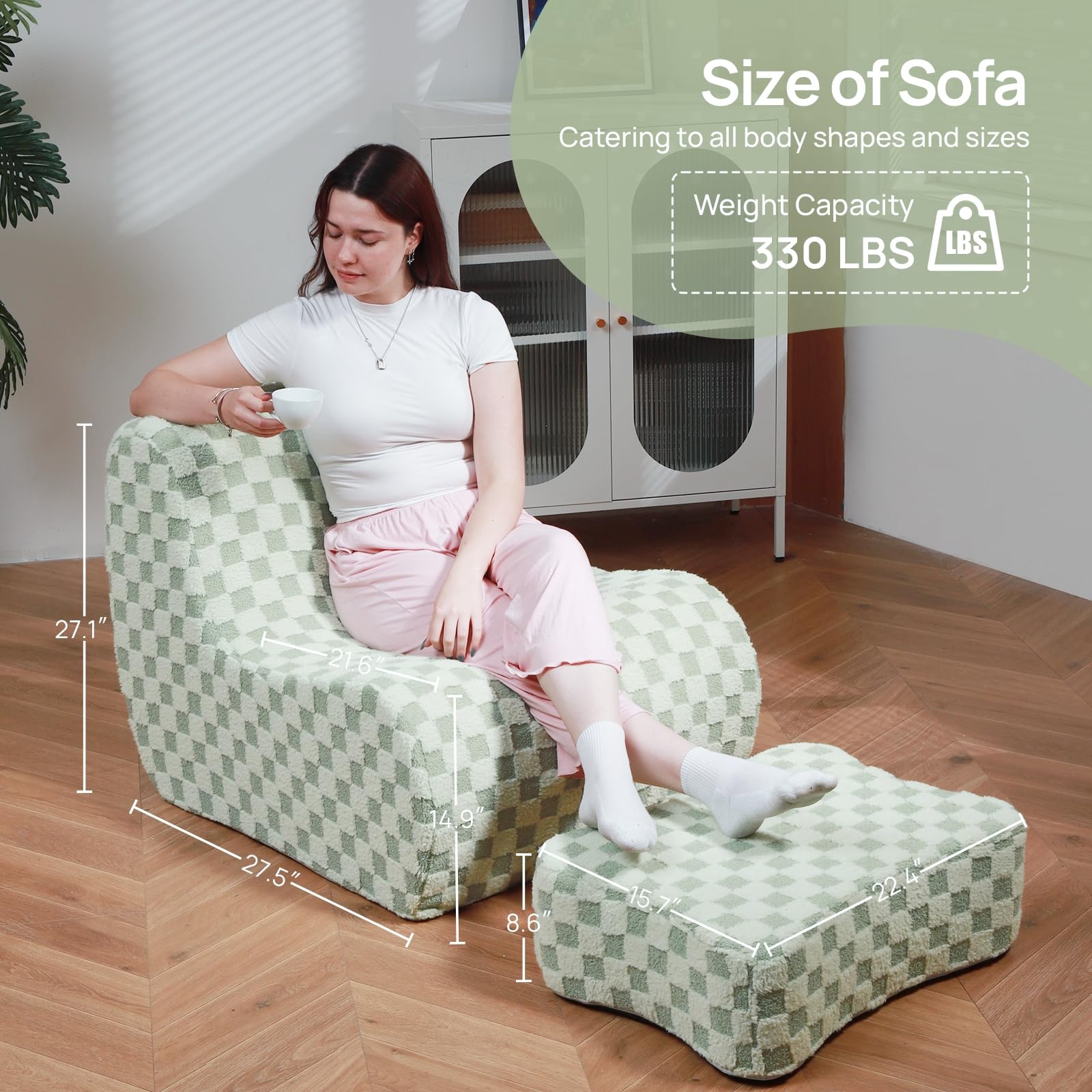 Comfortable Bean Bag Chair with Footstool - Modern Lazy Sofa Chair for Adults, Cozy Floor Seating for Living Room & Bedroom - Mint Green - Perfect for Relaxing, Gaming, and Movie Nights