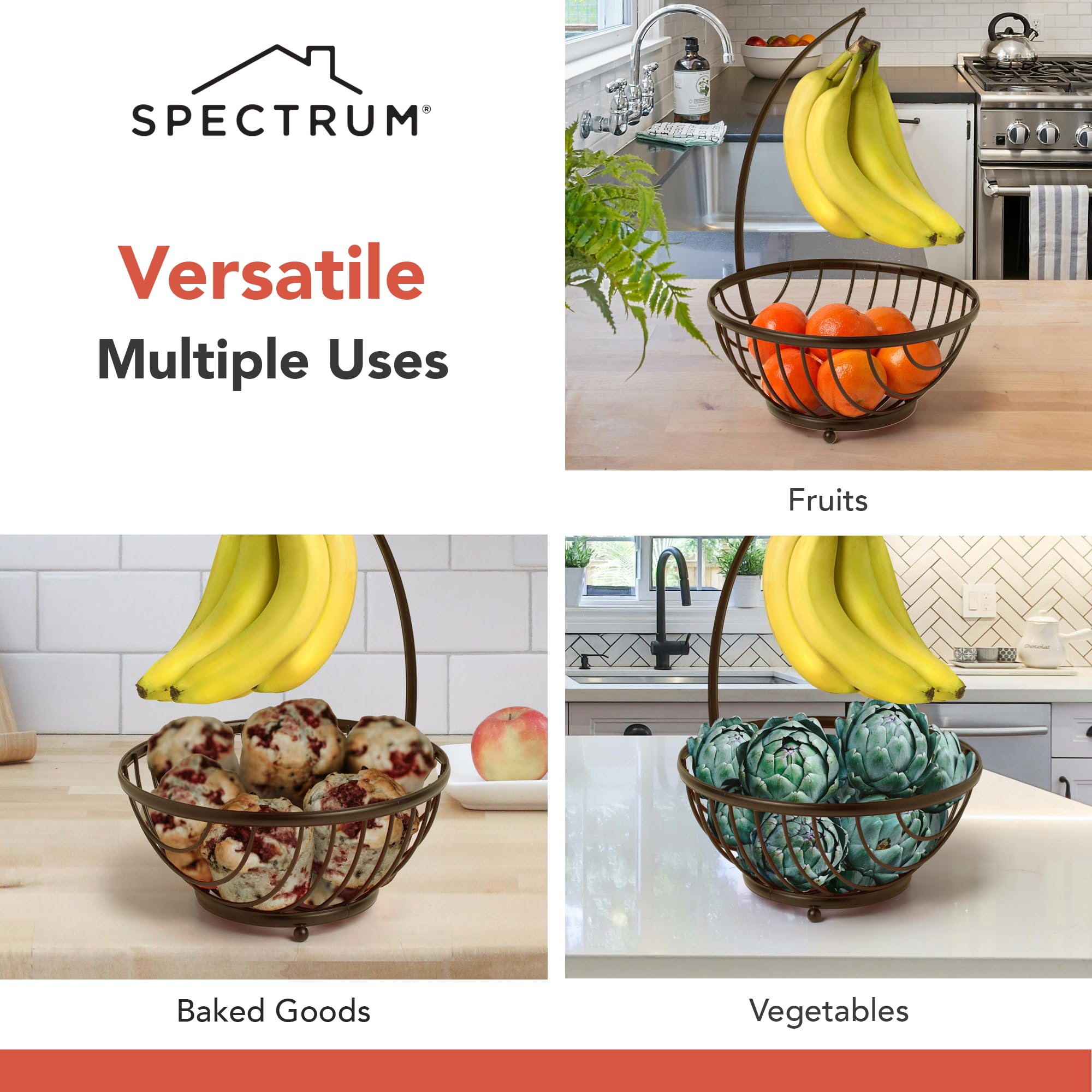 Spectrum Ashley Open Wire Fruit Basket with Banana Hanger - Kitchen Countertop Vegetable & Fruit Bowl Organizer - Produce Storage Stand for Bananas, Apples, Oranges - Perfect for Kitchen, Dining Room, Pantry Organization