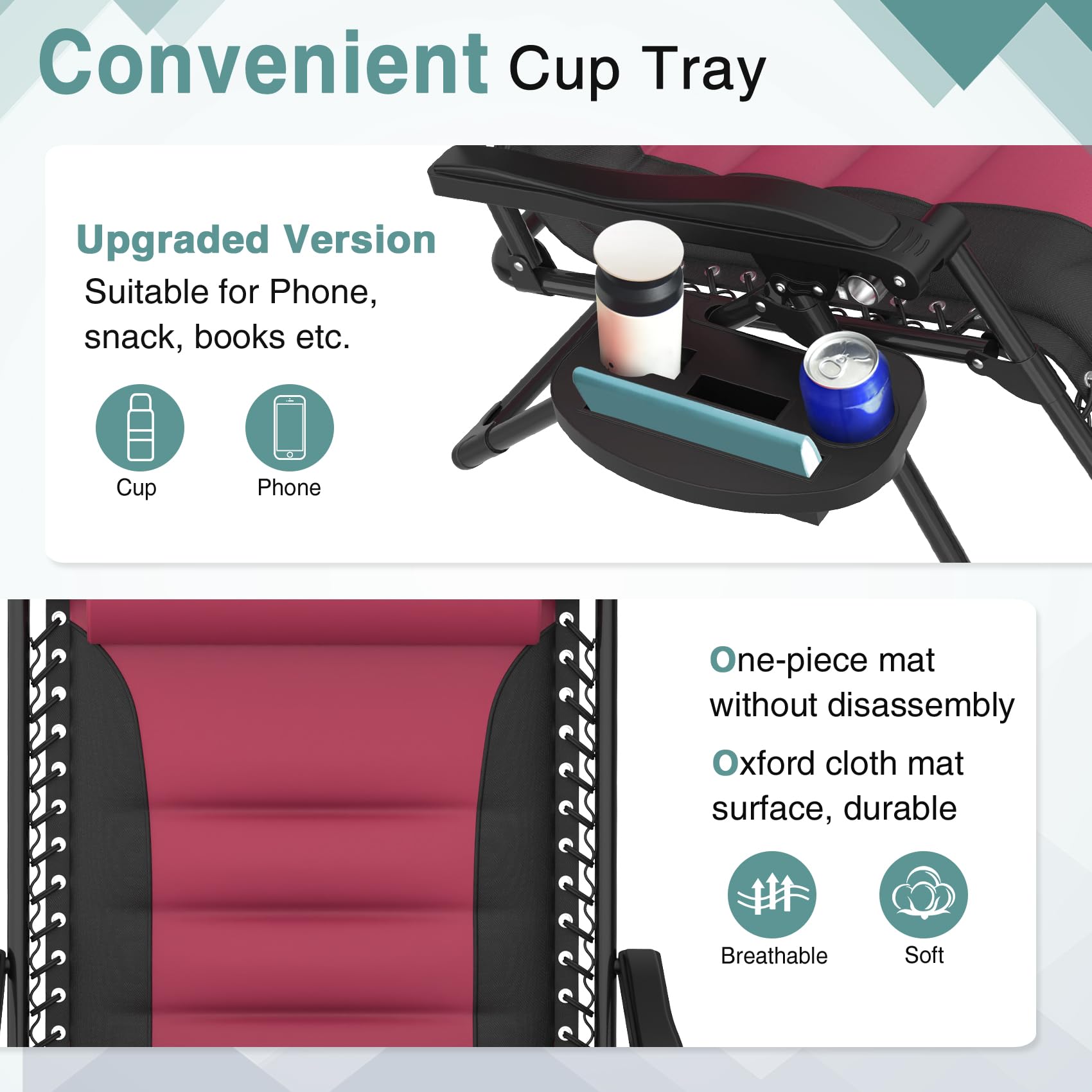 Slendor XL Zero Gravity Lounge Chair - 29Inch Reclining Camping Chair with Large Cup Holder & Adjustable Footrest - Foldable Outdoor Recliner for Patio, Beach, Poolside & Indoor Use - Burgundy Red