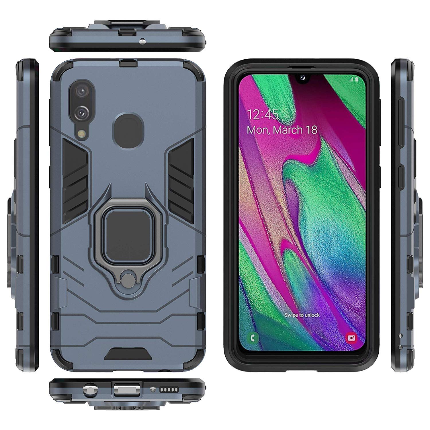 **LuluMain Shockproof Rugged Case for Samsung Galaxy A40 - Dual Layer Hard Bumper with Metal Ring Grip & Kickstand | Compatible with Magnetic Car Mount | Navy Blue | Perfect for Outdoor, Work & Travel**