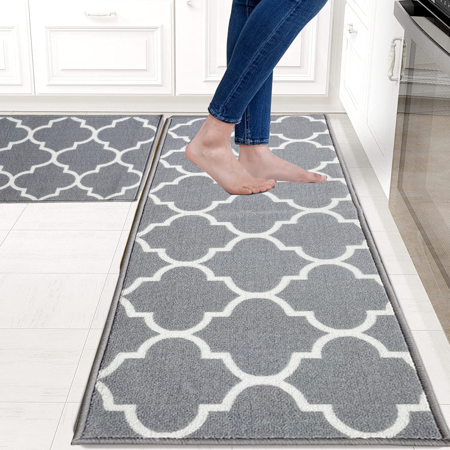 Non-Slip Gray Kitchen Rugs Set [2 PCS] - Machine Washable Nylon Floor Mats for Kitchen, Bathroom, Sink, Office & Laundry (24
