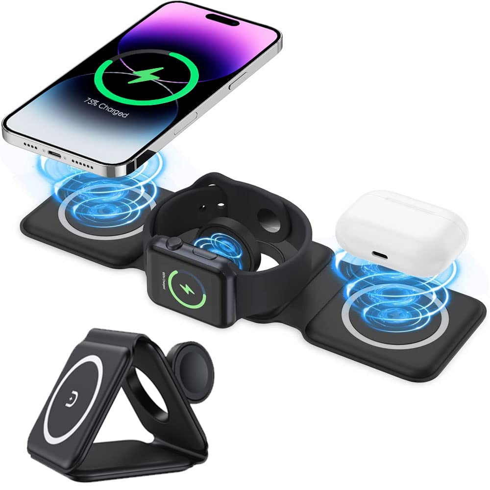 3 in 1 Wireless Charger Station - Fast Magnetic Charging Pad Stand for iPhone 16/15/14/13/12, Samsung S24/S23/S22/S21, iWatch Series 10-2, AirPods 3/2/Pro | Portable & Foldable Design | Perfect for Home, Office & Travel Charging
