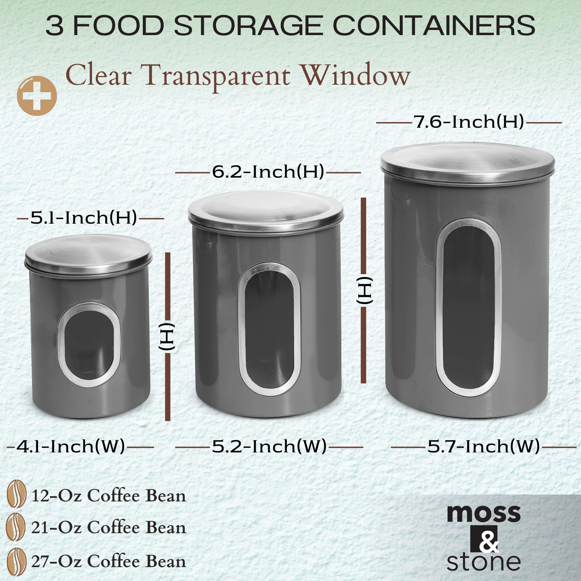 3-Piece Gray Kitchen Canister Set with See-Through Window - Airtight Coffee, Tea & Sugar Storage Containers - Moss & Stone Kitchen Jars for Pantry Organization (Grey) - Perfect for Coffee Lovers, Tea Enthusiasts & Baking Needs