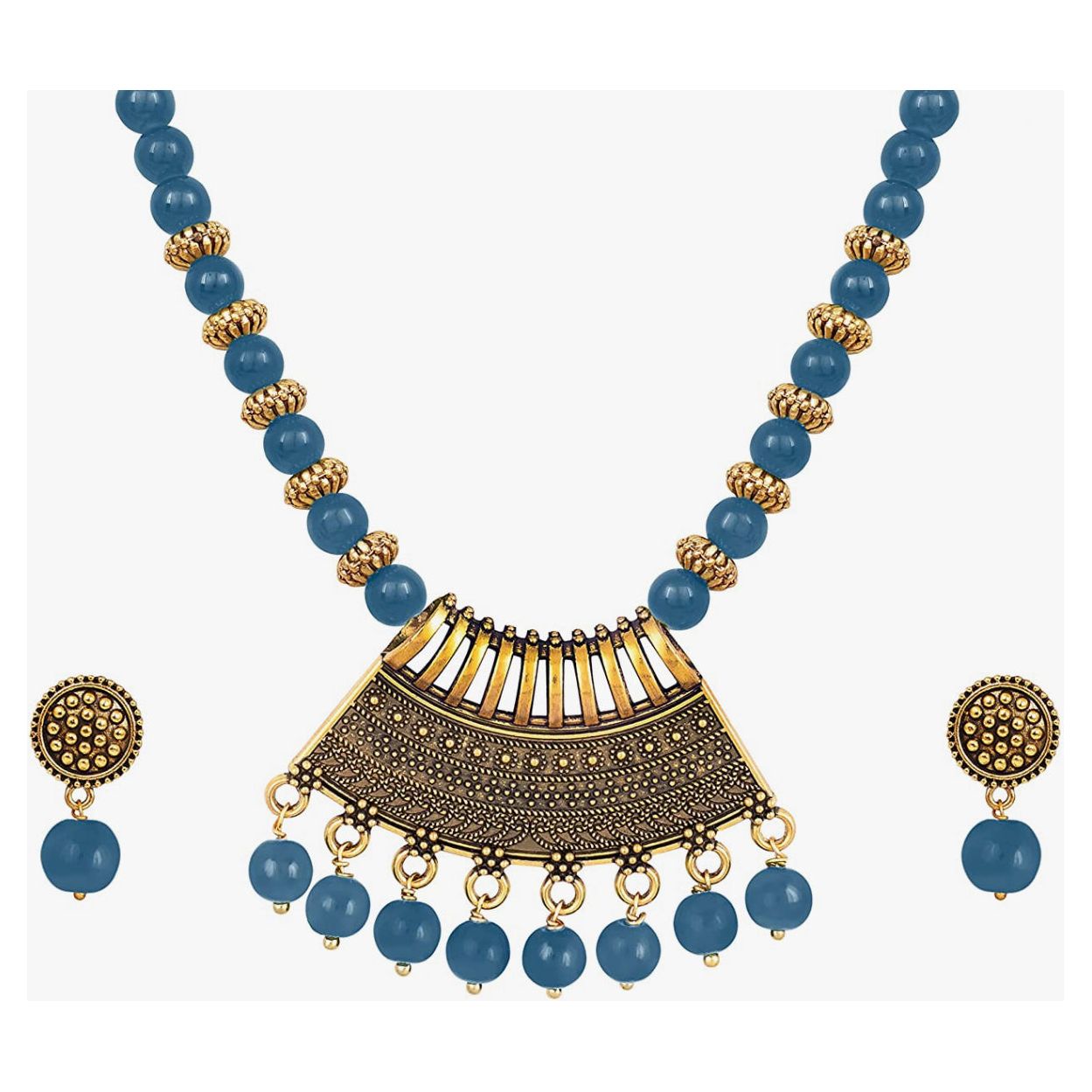 Vintage Gold Plated Tribal Beaded Necklace Set for Women - Antique Semi Circle Pendant Jewelry for Boho, Festival & Everyday Wear