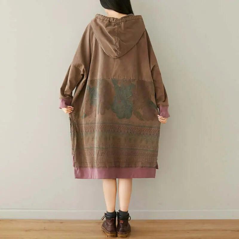 Vintage Totem Print Khaki Cotton Hoodie for Men & Women - Cozy Fall Fashion Pullover with Front Pocket - Perfect for Casual Outings, Streetwear Style & Autumn Adventures