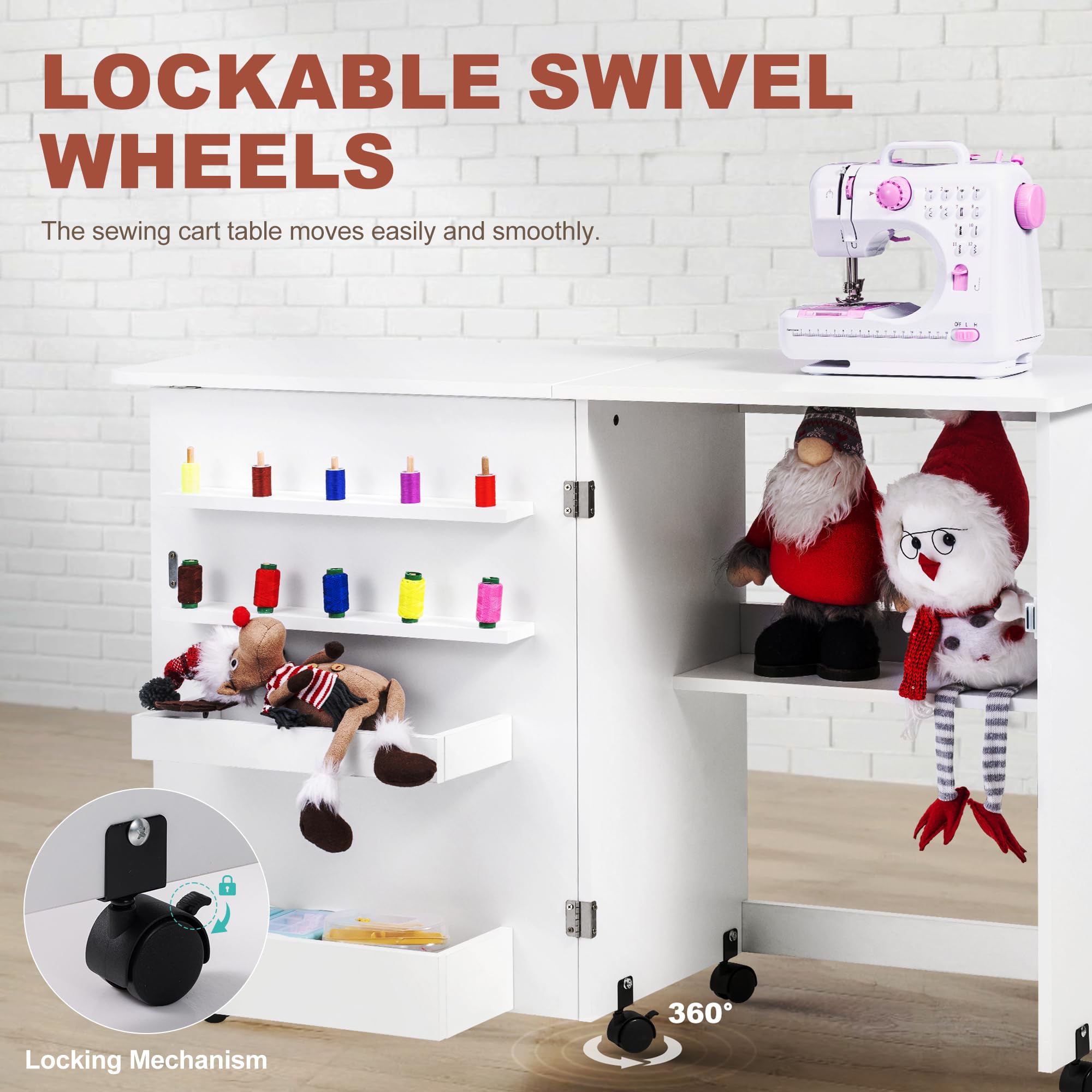 Foldable Sewing Table with Wheels & Storage - Compact Multi-Purpose Sewing Machine Table with Shelves, Bins, Pegs & Magnetic Locks (White) | Perfect for Small Spaces, Craft Rooms & Home Sewing Projects