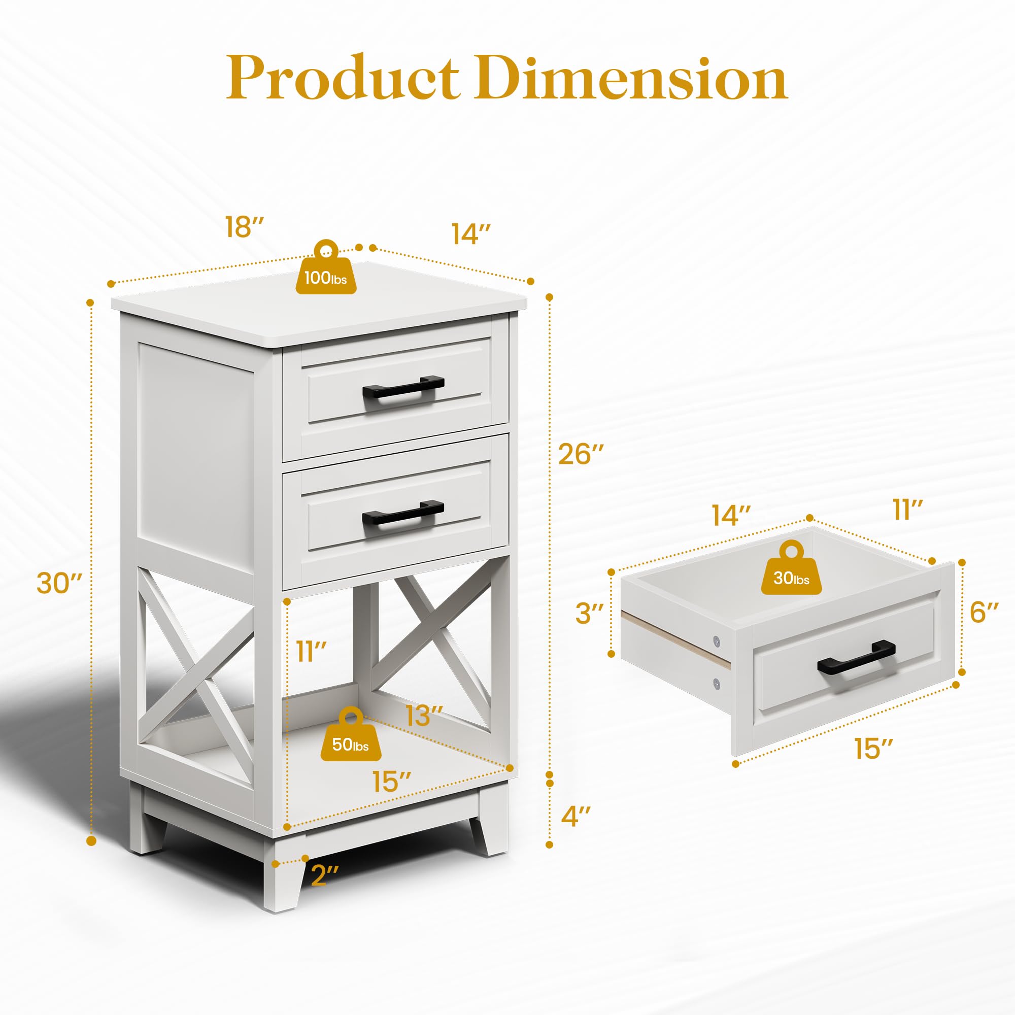 RoyalCraft White Modern Nightstand - Tall Bedside Table with 2 Drawers & Open Shelf, Solid Wood Feet - Perfect for Bedroom, Home Office & Small Space Living (White)