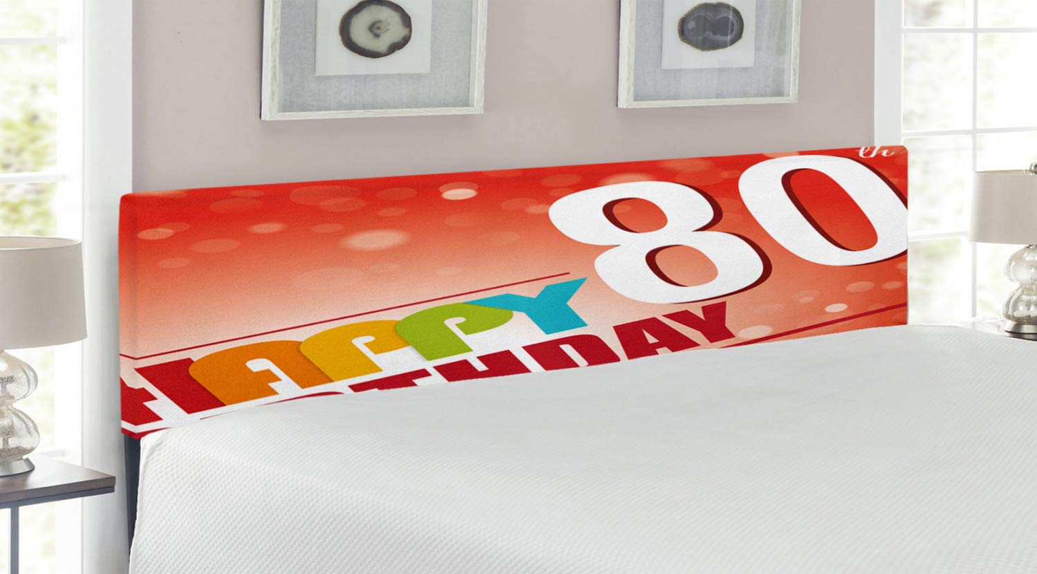 Ambesonne 80th Birthday Headboard - King Size Upholstered Decorative Metal Bed Headboard with Memory Foam | Colorful Abstract Design in Red Vermilion & White | Perfect for 80th Birthday Party Decorations & Bedroom Makeovers