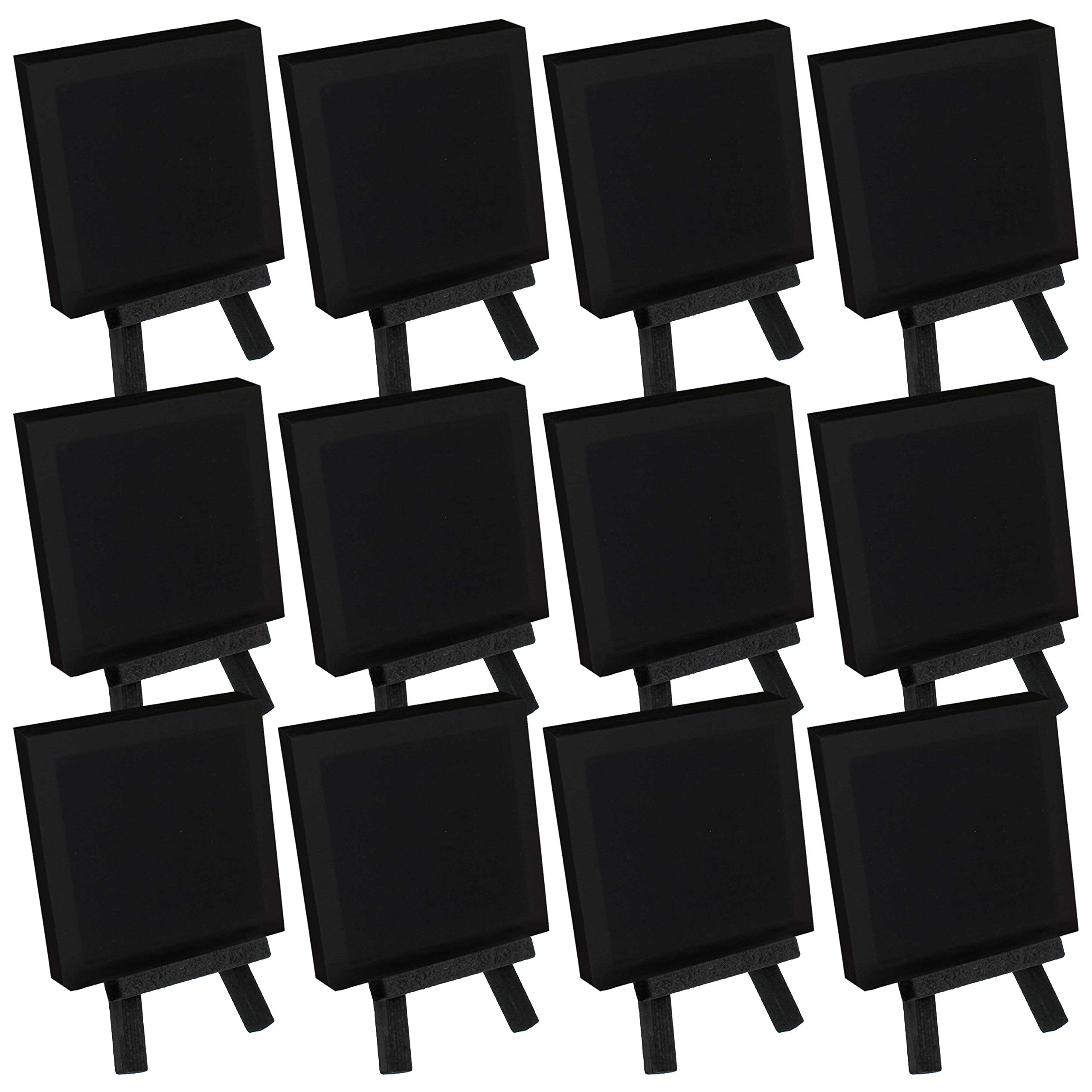 12-Pack U.S. Art Supply 3x3 Inch Stretched Black Canvas with 5 Inch Mini Wood Display Easel Kit - Perfect for Painting Parties, Kids Crafts, Oil & Acrylic Painting, Photo Displays, and Home Decor