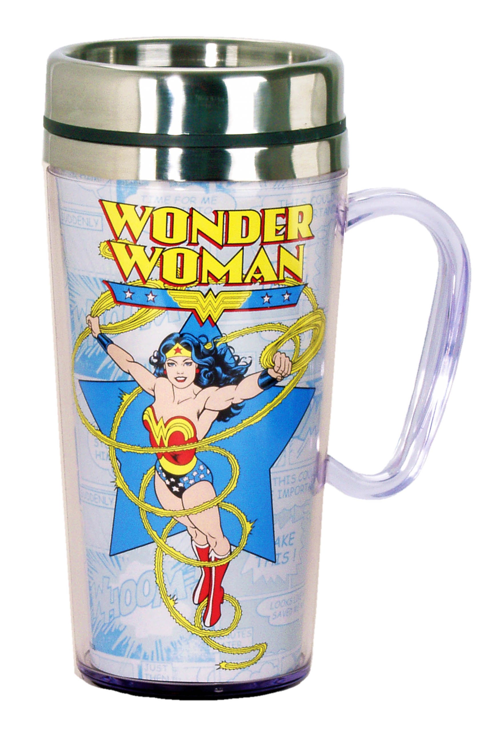 Spoontiques Wonder Woman Insulated Travel Coffee Mug - 14 oz Stainless Steel Vacuum Tumbler - Perfect Gift for Coffee Lovers & Superhero Fans - Great for Office, Commuting, and Outdoor Adventures