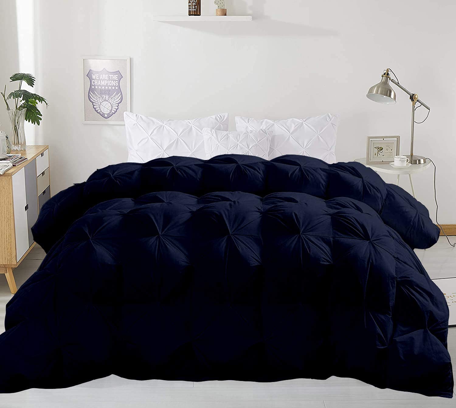 1 PC Fluffy Comforter for Twin/Twin XL Size Bed | Navy Goose Down Alternative Classic Look Baffle+Pinch Pleat Comforter Cotton All Season Soft & Comfortable 500 GSM Fill Power - Perfect for Cozy Bedrooms, Guest Rooms & Dorm Rooms