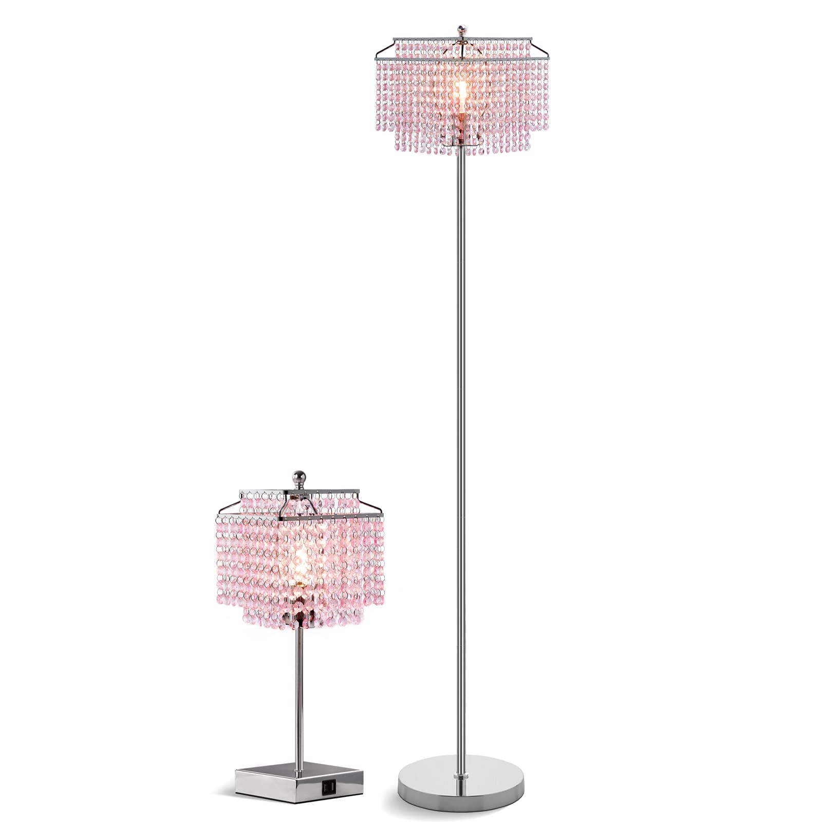 Luvkczc Crystal Floor Lamp with Pack Crystal Table Lamp Set - LED Bulb Included, Pink - Elegant Lighting for Living Room, Bedroom & Office Decor