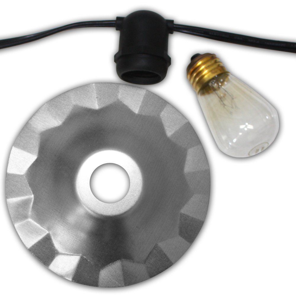 35-Ft Commercial Outdoor String Lights with 7 Sockets & Galvanized Shades - Includes 7 Clear S14 Bulbs & 14 Gauge Black Cord - Perfect for Cafés, Restaurants, Patios, and Backyard Decor
