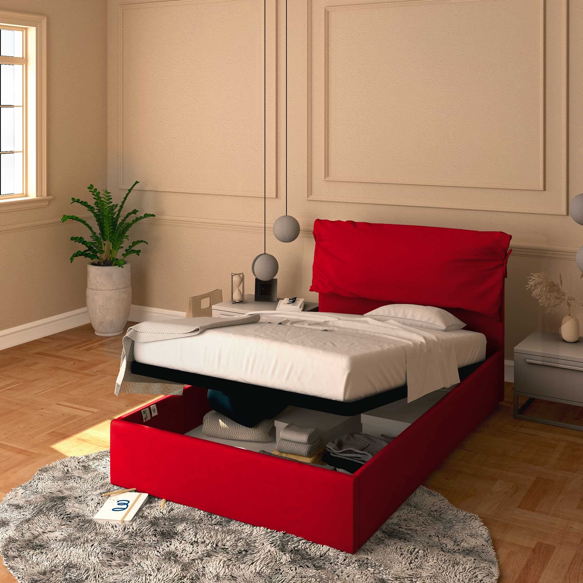 Baldiflex Single Bed with Storage - Licia Soft Synthetic Leather, Slatted Base for Single Mattress, 120 x 190 cm, Padded Headboard, Red - Perfect for Small Bedrooms, Guest Rooms & Studio Apartments