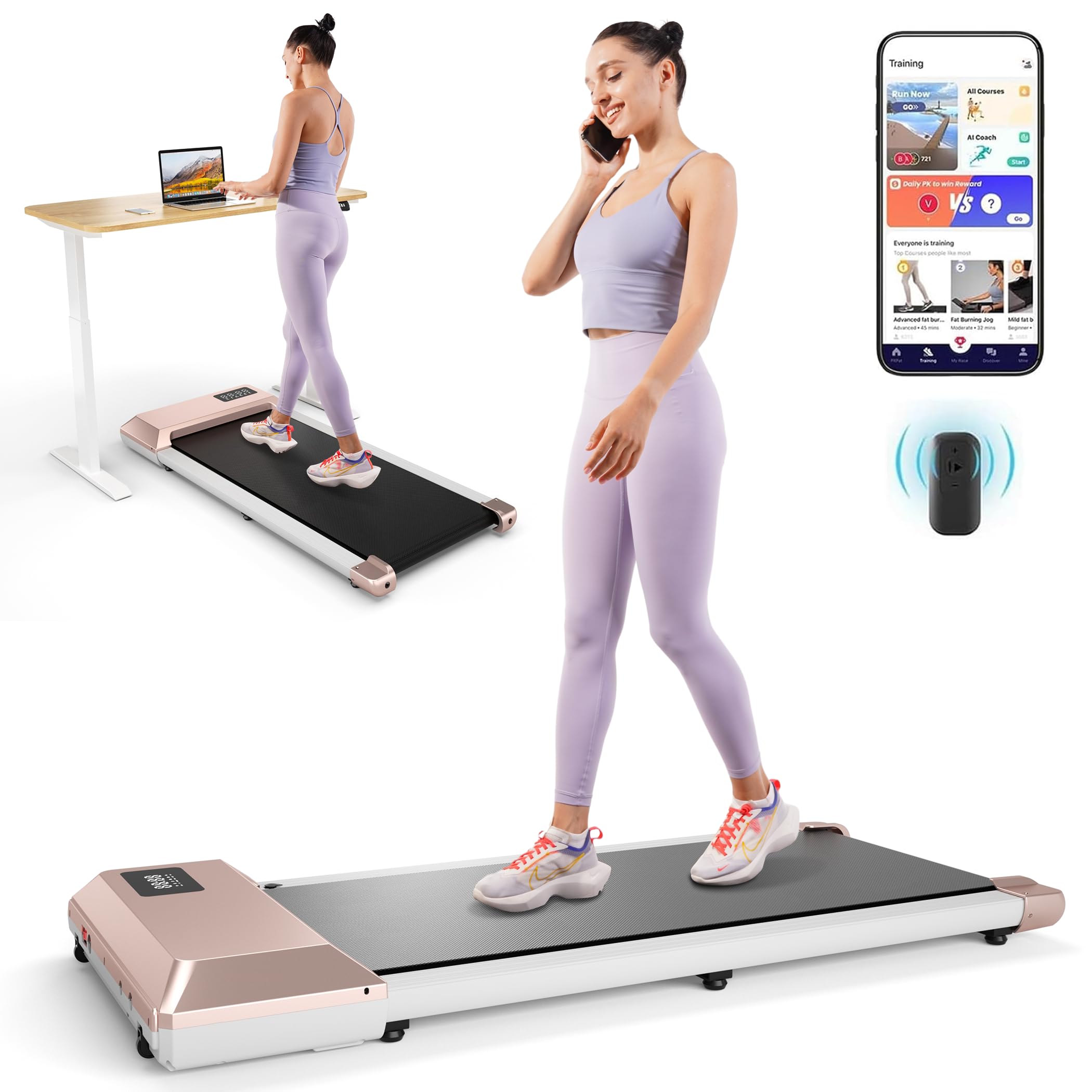 DeerRun 2 in 1 Under Desk Treadmill - 2.2HP Quiet Walking Pad & Jogging Machine with Remote Control, Lightweight Portable Treadmill for Home & Office - Perfect for Workouts While Working, Watching TV or Small Spaces