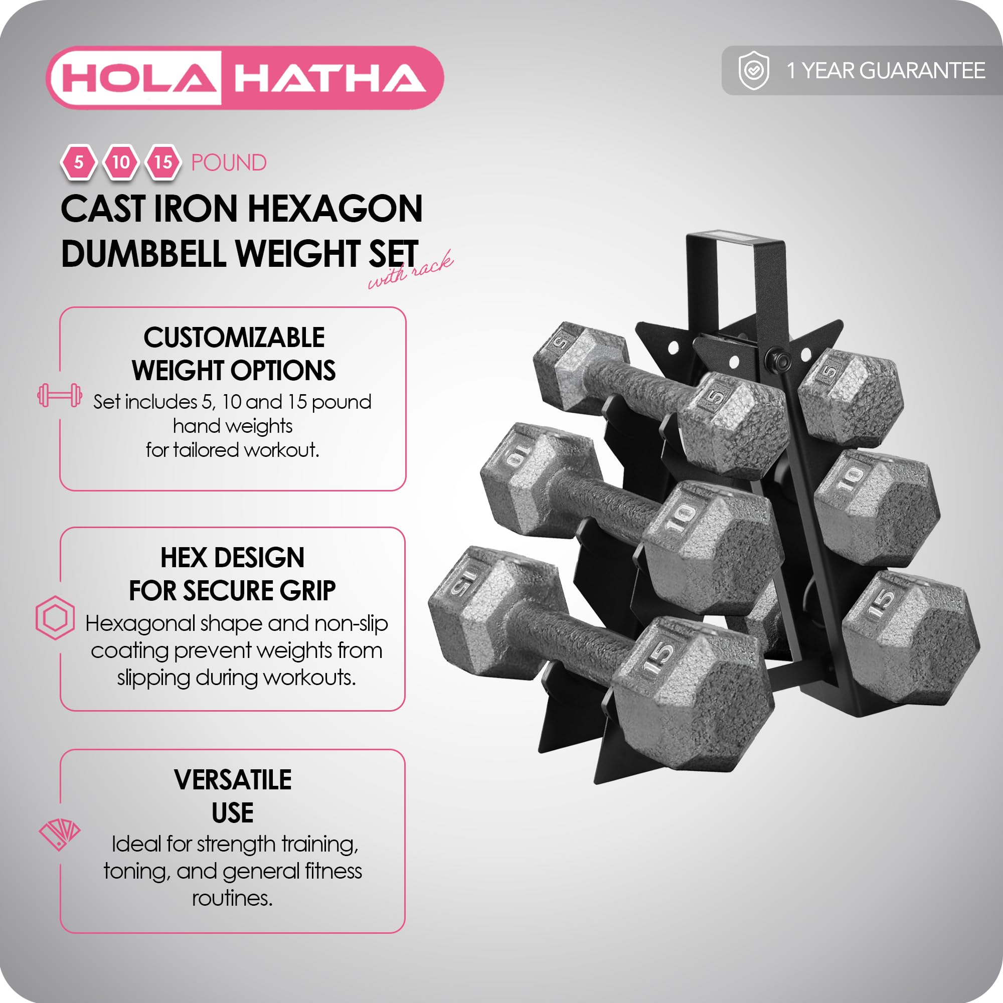HolaHatha Hexagonal Dumbbell Set with Storage Rack - 10/15/20/25/30 lbs Free Weights for Home Gym, Strength Training & CrossFit Workouts
