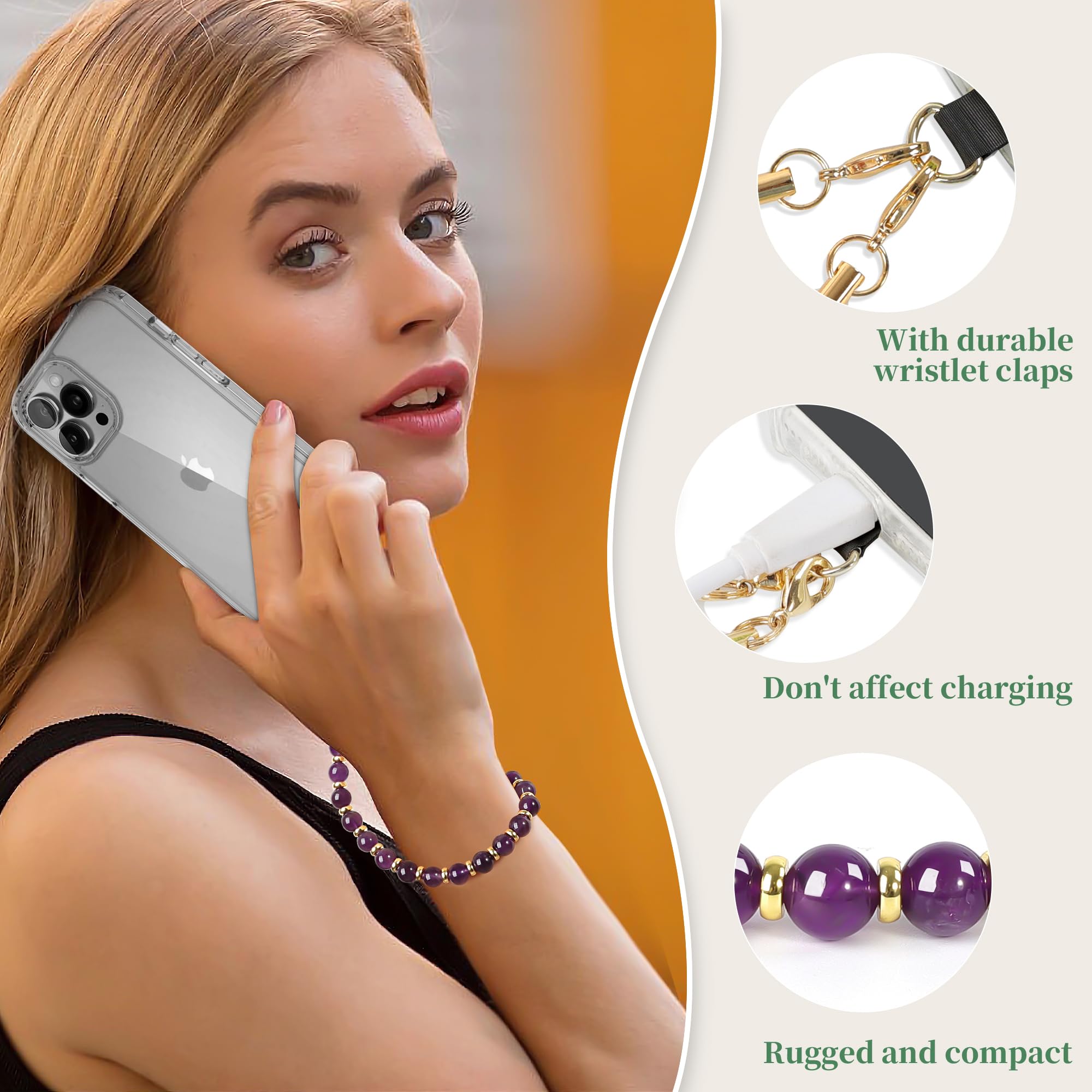 COCASES Natural Stone Beads Phone Lanyard - Universal Wearable Phone Strap with 2 Replacement Inserts for iPhone Samsung & Most Smartphones - Perfect for Workout, Travel & Hands-Free Convenience