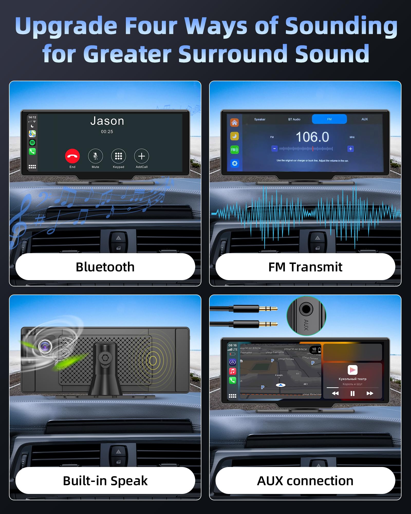 10.26 Inch Apple CarPlay Android Auto Touchscreen Display with Adjustable 2.5K Dashcam, Wireless Driveplay, Rearview Camera, Bluetooth, Mirror Link & 64GB TF Card - Perfect for Car Entertainment and Safe Driving