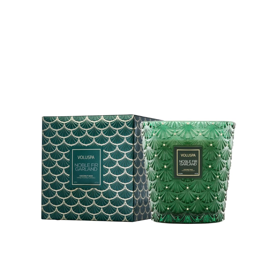 Premium 3-Wick Hearth Candle - Noble Fir Garland Scented Soy Wax Candle for Home, Christmas Decor & Cozy Winter Ambiance