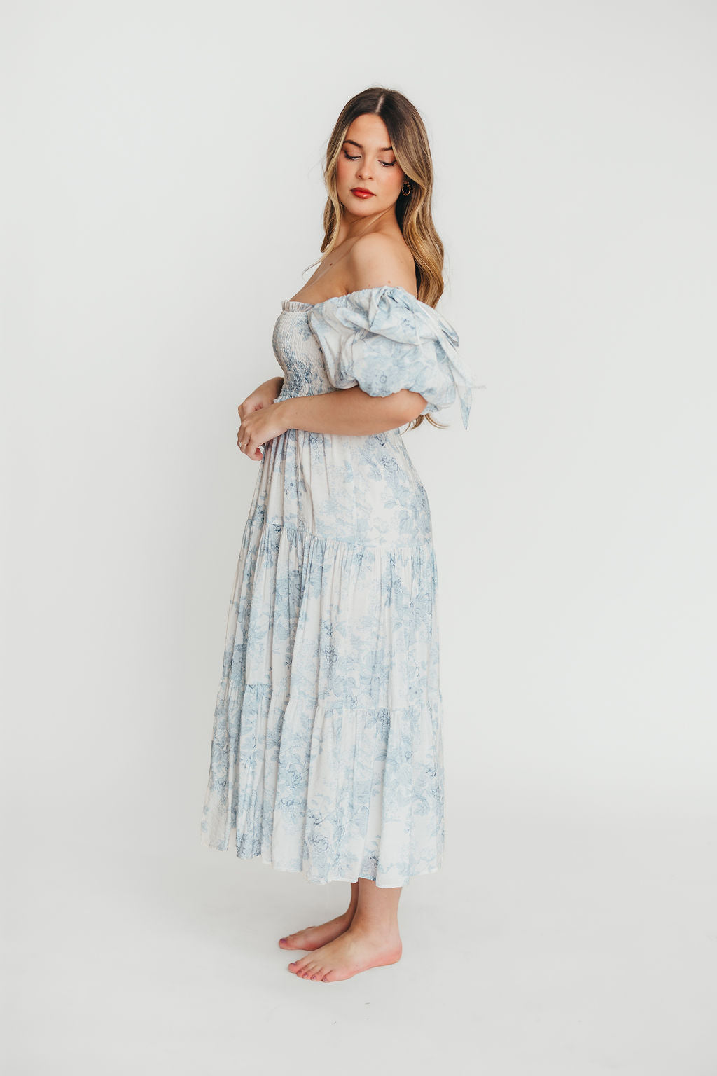 Elena Floral Print Smocked Midi Dress in Blue - Bump Friendly Maternity Dress & Inclusive Sizing for Women - Perfect for Baby Showers, Bridal Events & Summer Weddings