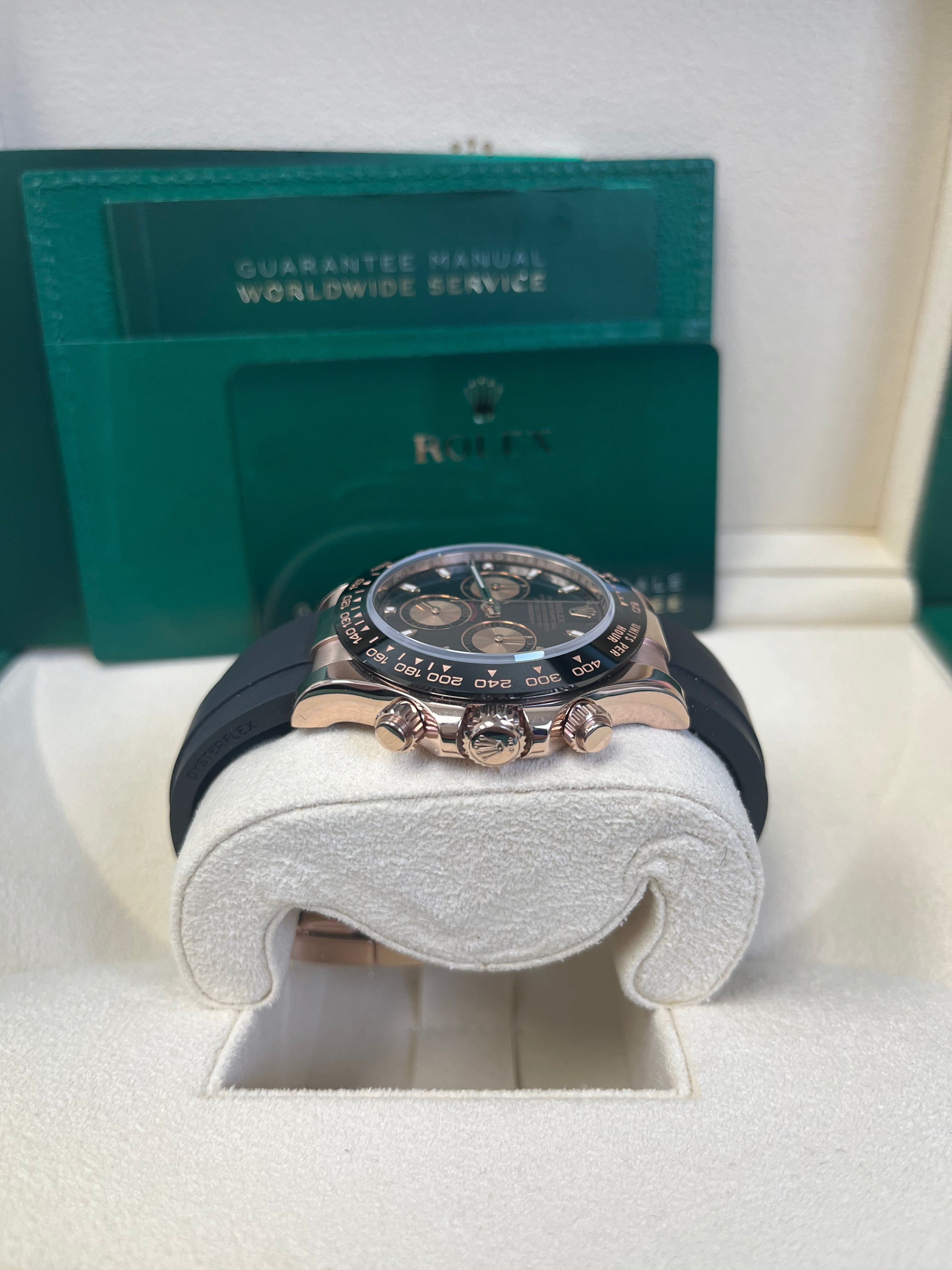 Rolex Daytona 40mm Rose Gold Watch with Black Index Dial & Oysterflex Strap - Ref.116515LN | Luxury Chronograph for Men, Perfect for Business Events & Special Occasions