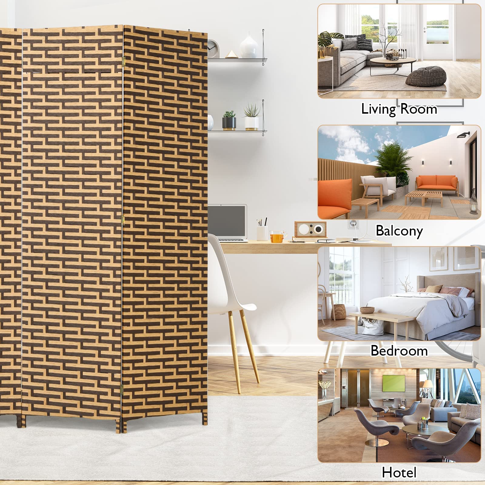 Handmade 6 Ft 4 Panel Rattan Room Divider - Wood Folding Screen Partition for Home & Office - Freestanding Boho Room Separator for Bedroom, Living Room, Studio or Dorm Decor