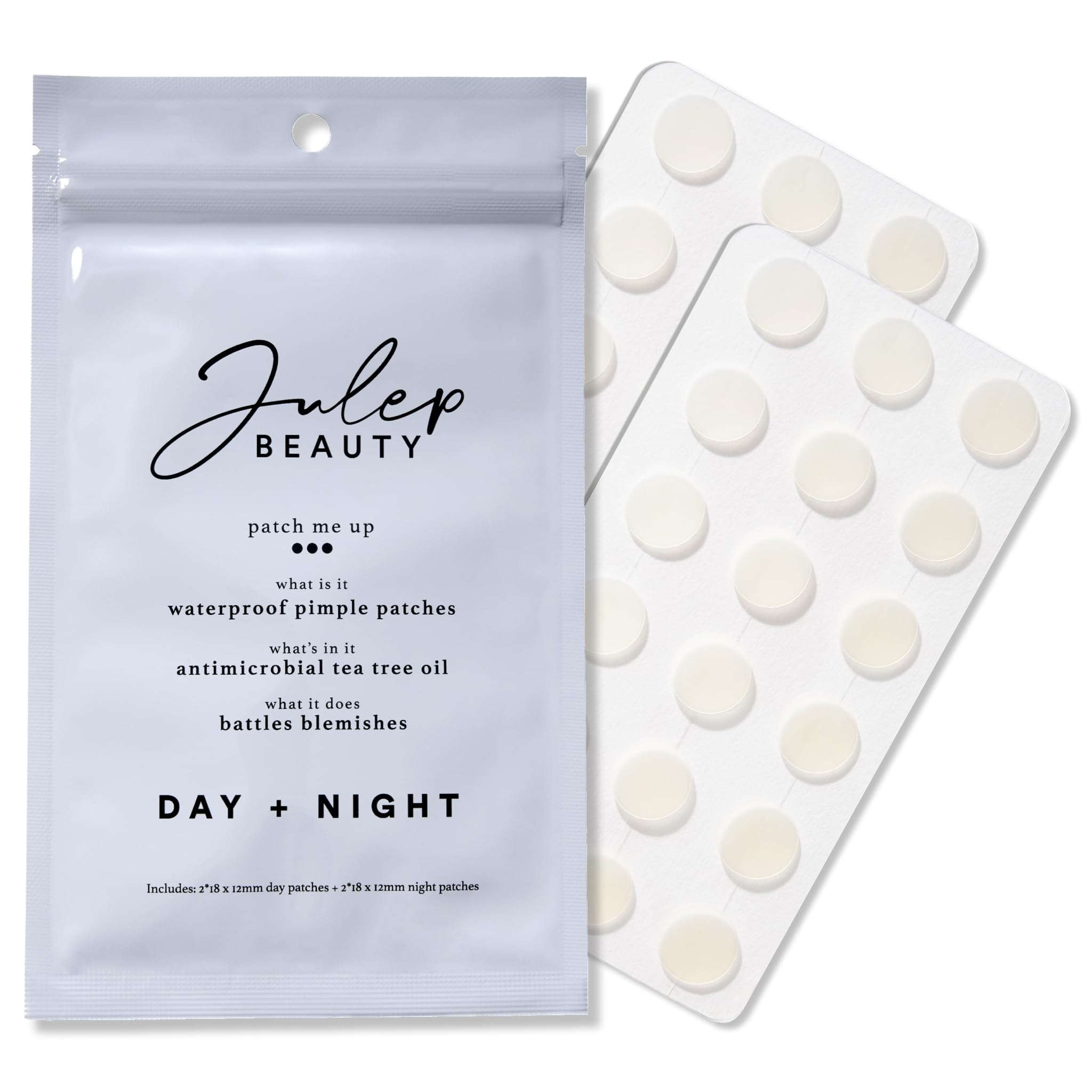 Julep Patch Me Up Waterproof Pimple Patches – 72 Hydrocolloid Acne Patches with Tea Tree Oil for Clear Skin | Ultra-Thin Day & Potent Night Treatment | Reduces Blemishes & Scarring | 48 8mm & 24 12mm Patches | Perfect for Overnight Spot Treatment & Daily Acne Care